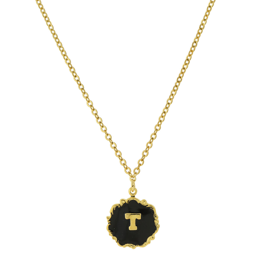 14K Gold Dipped Black Enamel Initial Pendant Necklaces T