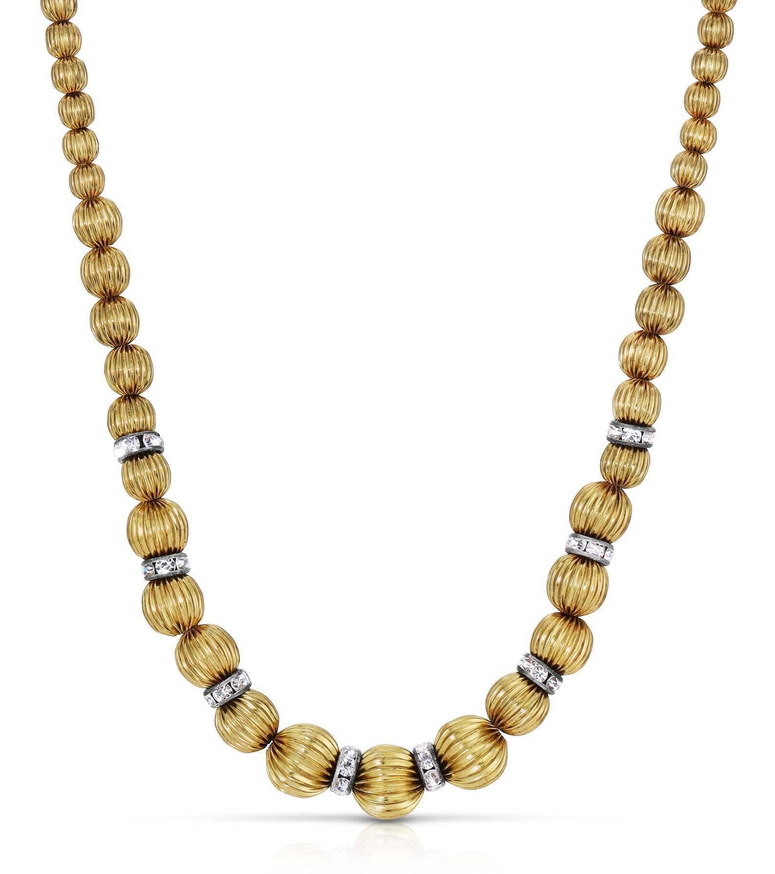 1928 Jewelry Gold Graduated Corrugated Beaded Necklace 16" + 3" Extender