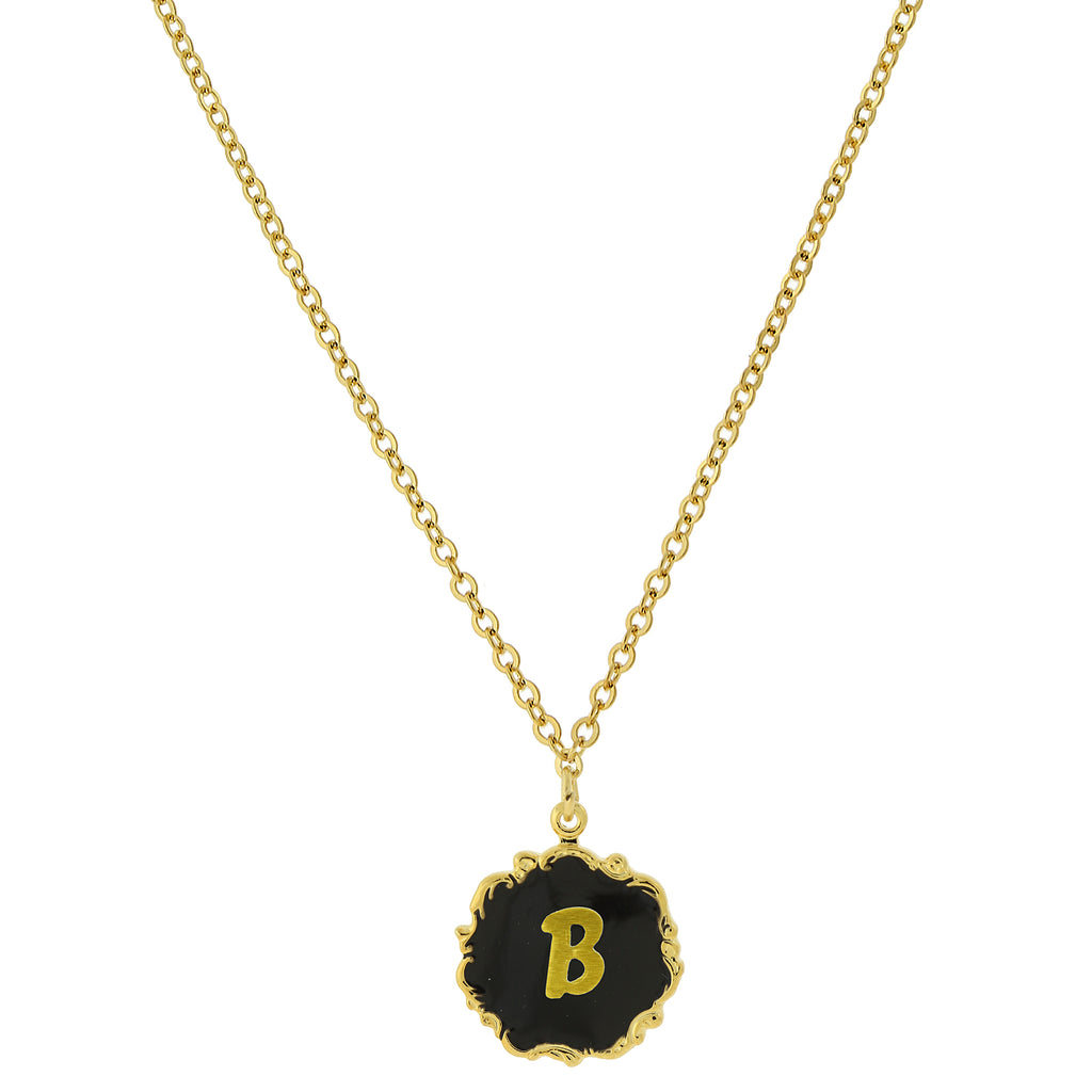 14K Gold Dipped Black Enamel Initial Pendant Necklaces B