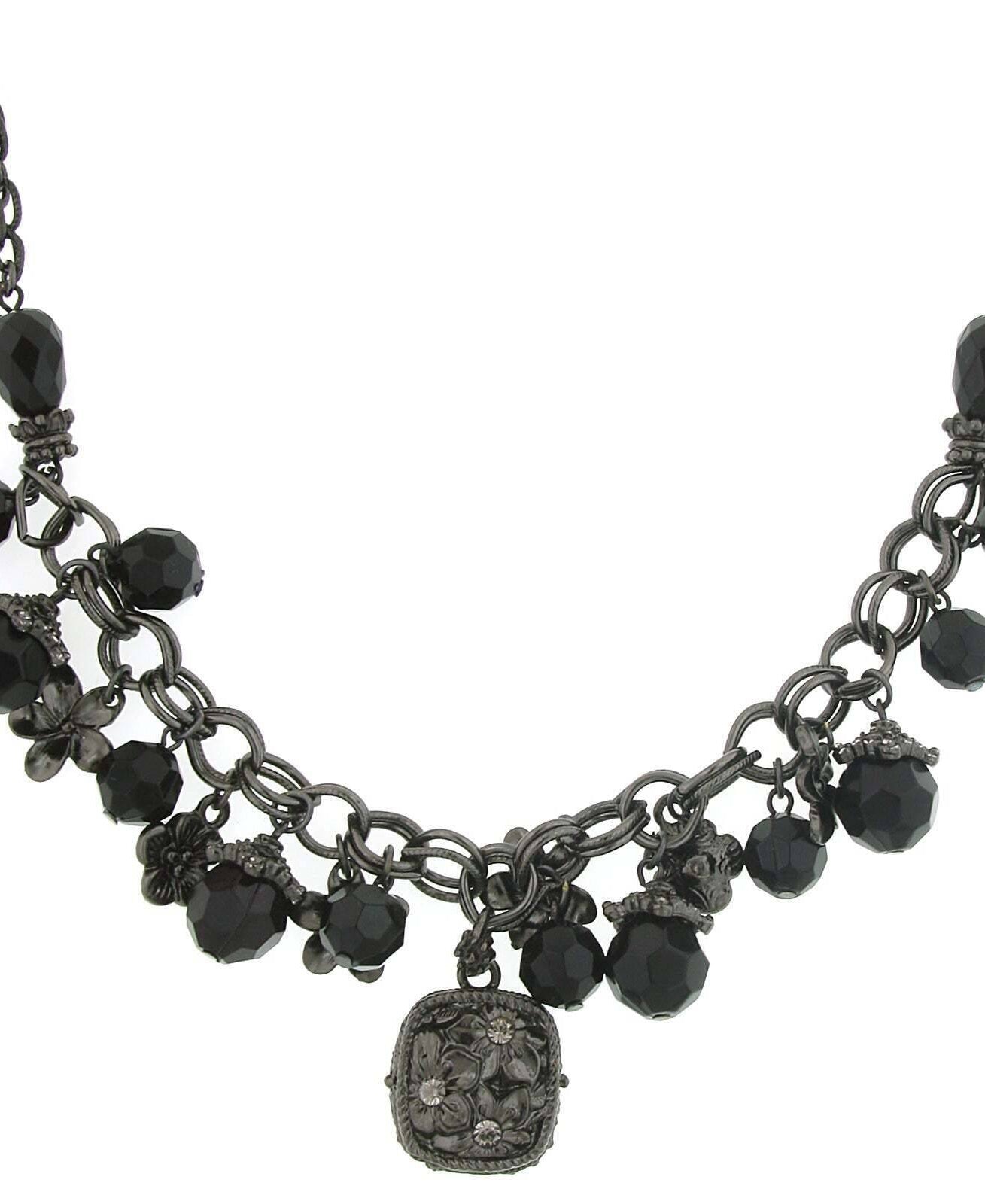 1928 Jewelry Black Bead Flower Charms & Floral Pendant Necklace 16" + 3" Extender
