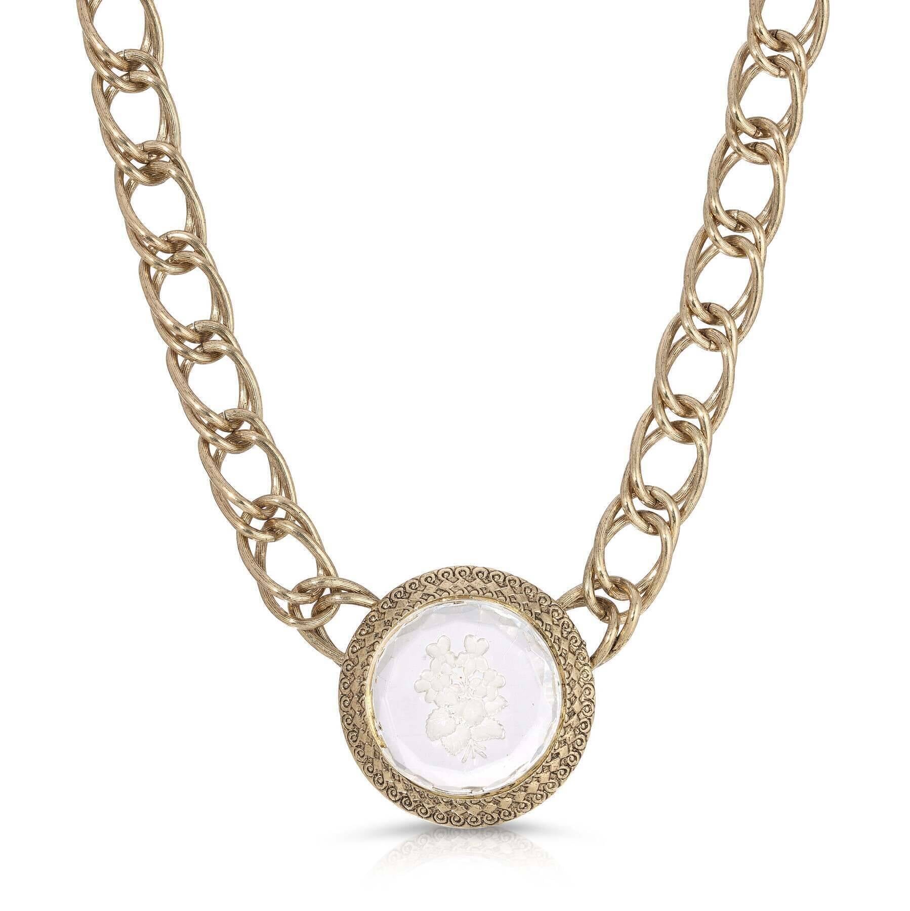 1928 Jewelry Old German Floral Intaglio Stone Pendant Double Link Chain Necklace 15" Chain