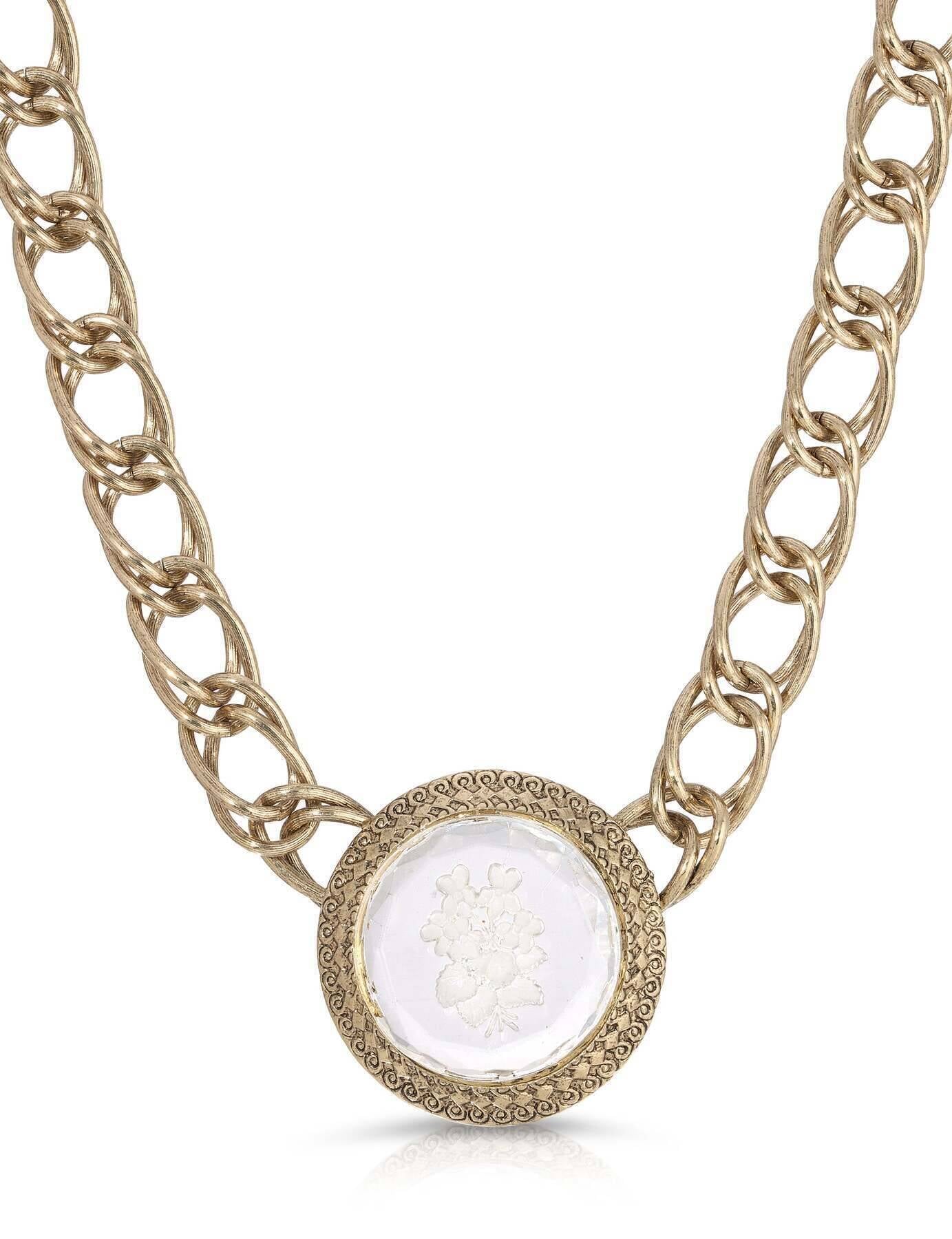 1928 Jewelry Old German Floral Intaglio Stone Pendant Double Link Chain Necklace 15" Chain