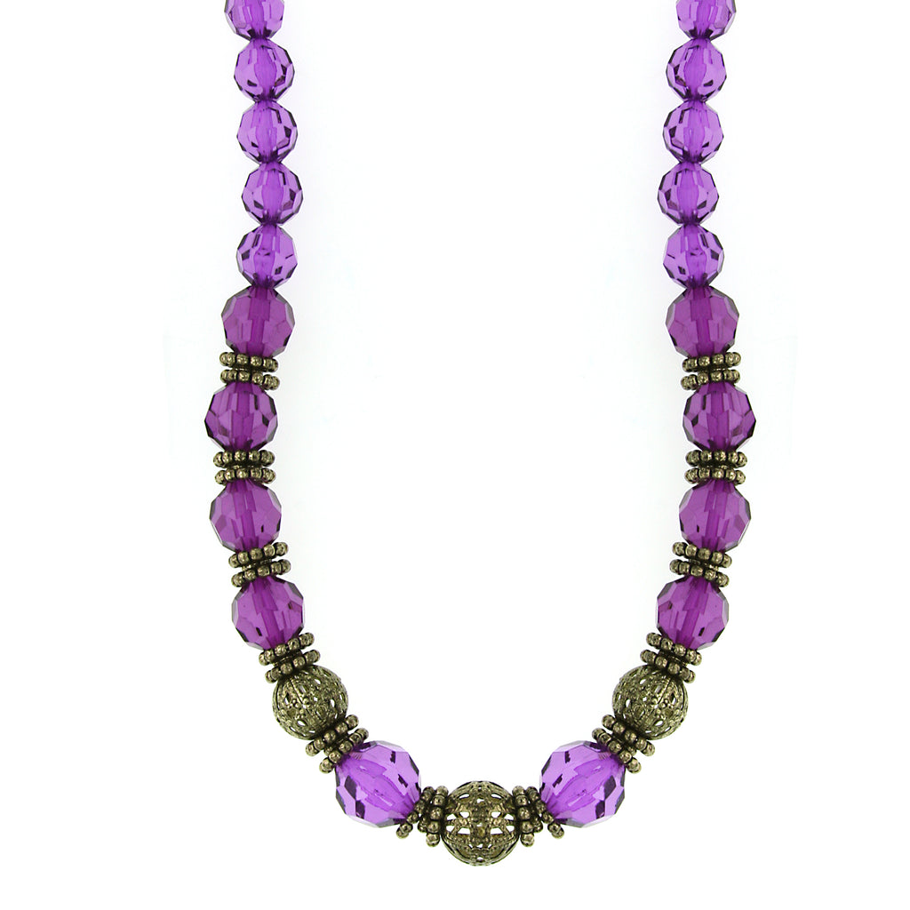Gold Tone Purple Beaded Necklace 16   19 Inch Adjustable
