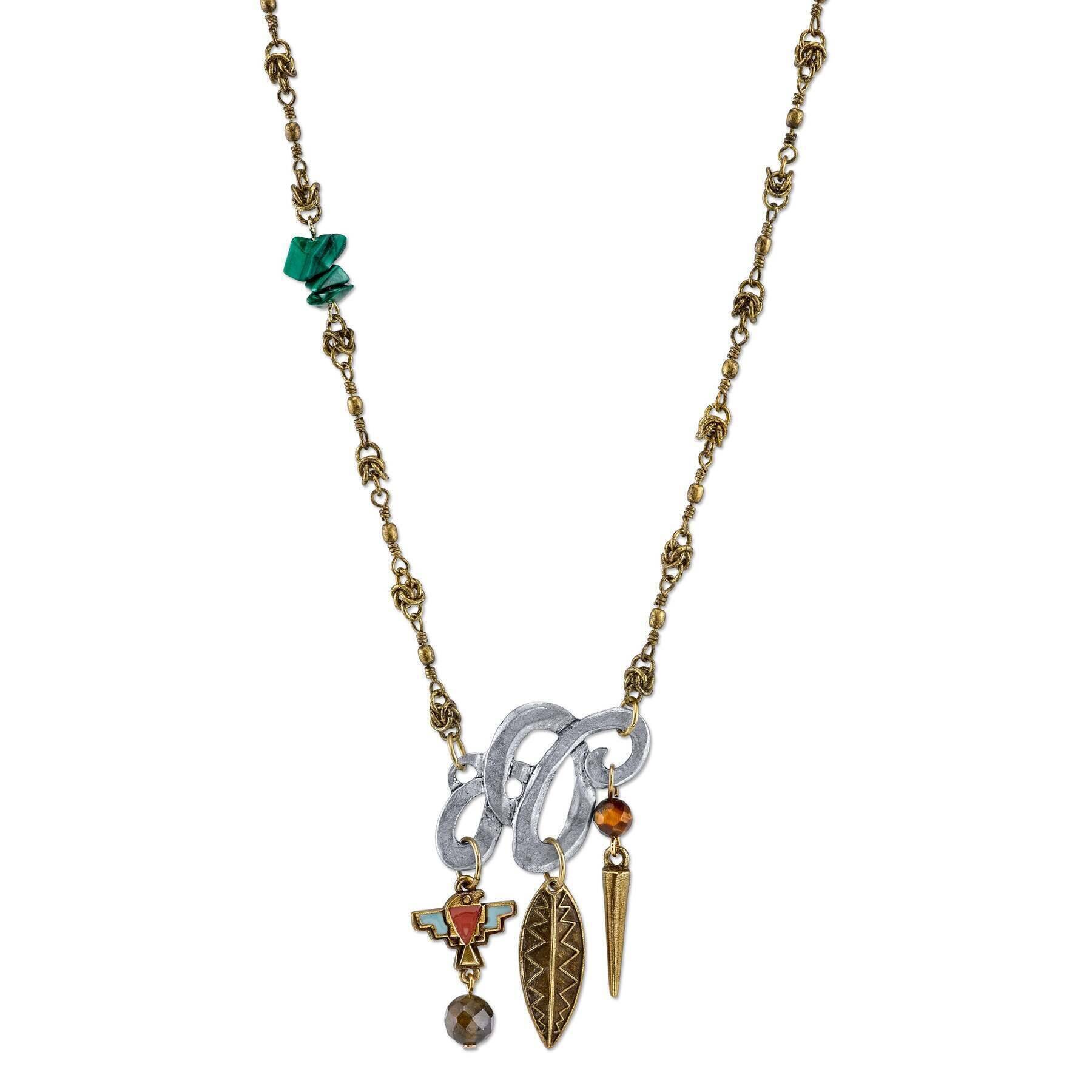 T.R.U. Metal Necklace With Gemstone Malachite Labradorite And Tigers Eye 18"