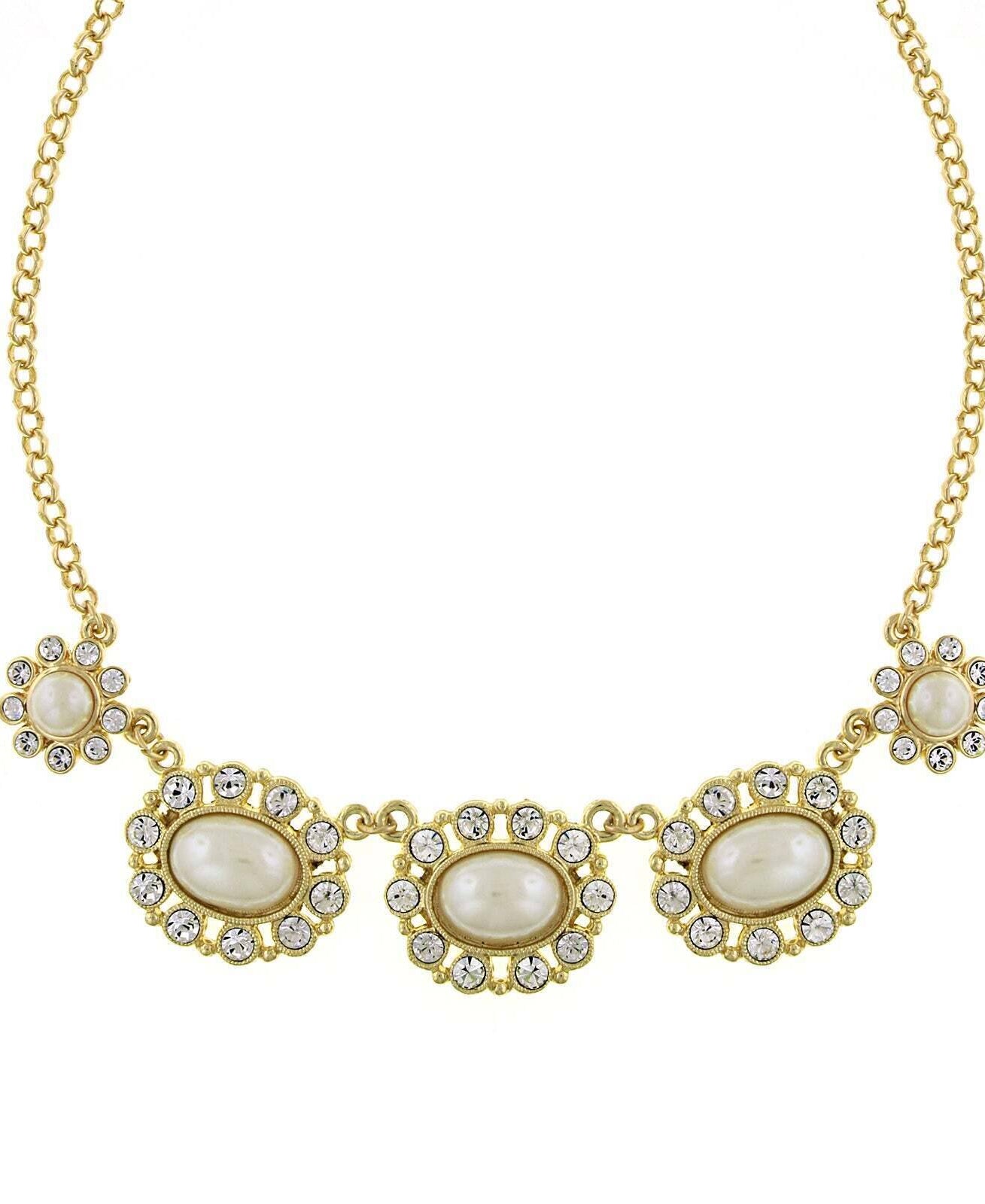 1928 Jewelry Faux Pearl And Crystal Collar Necklace 16" + 3" Extender