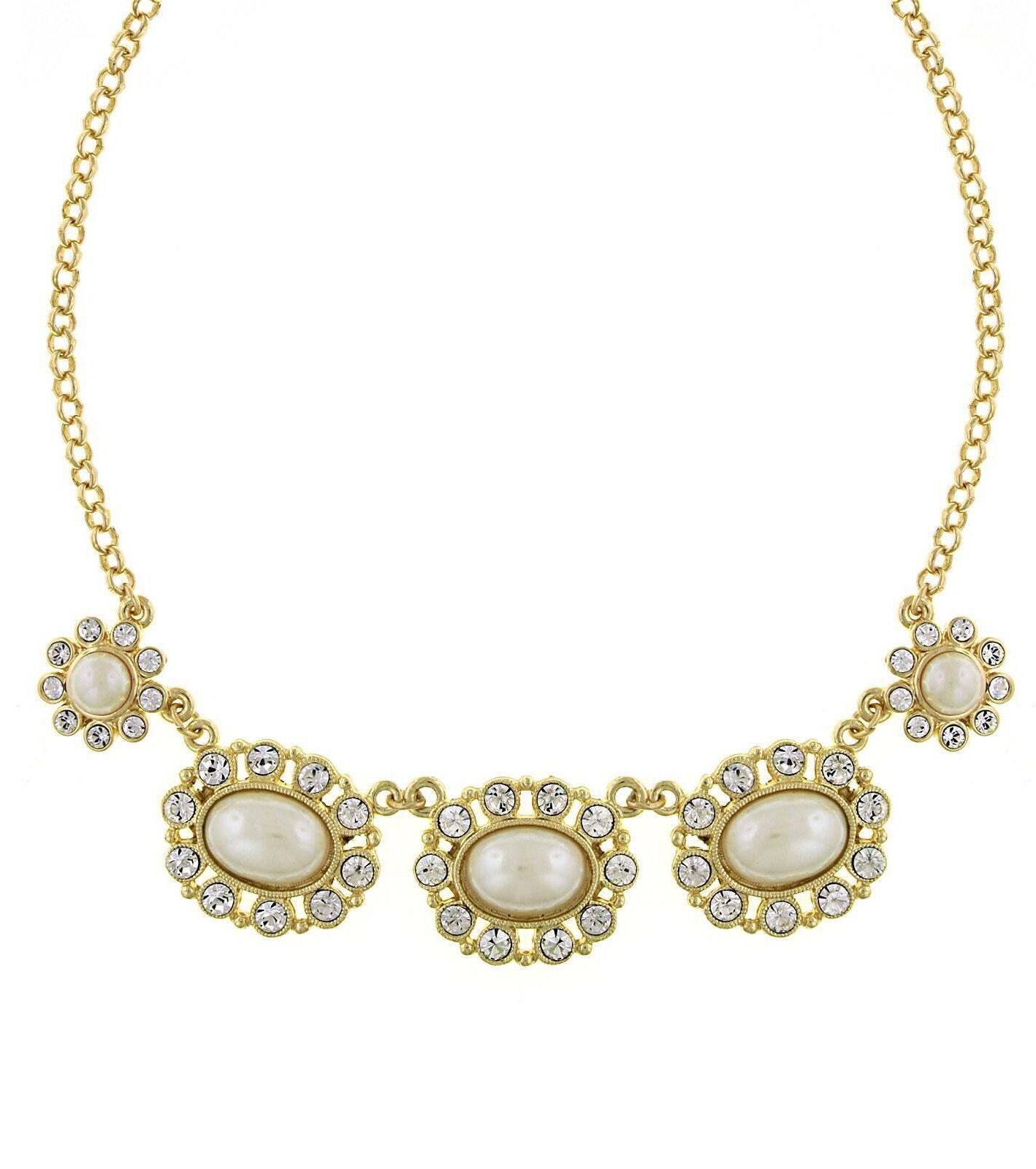 1928 Jewelry Faux Pearl And Crystal Collar Necklace 16" + 3" Extender