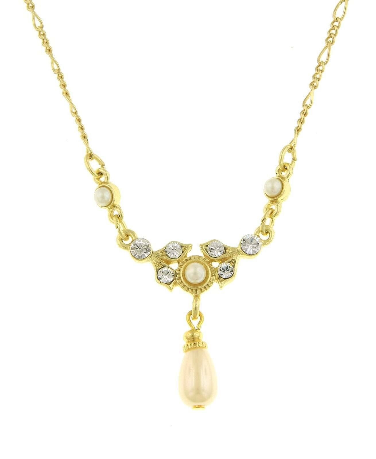 1928 Jewelry Faux Pearl And Crystal Teardrop Necklace 16" + 3" Extender