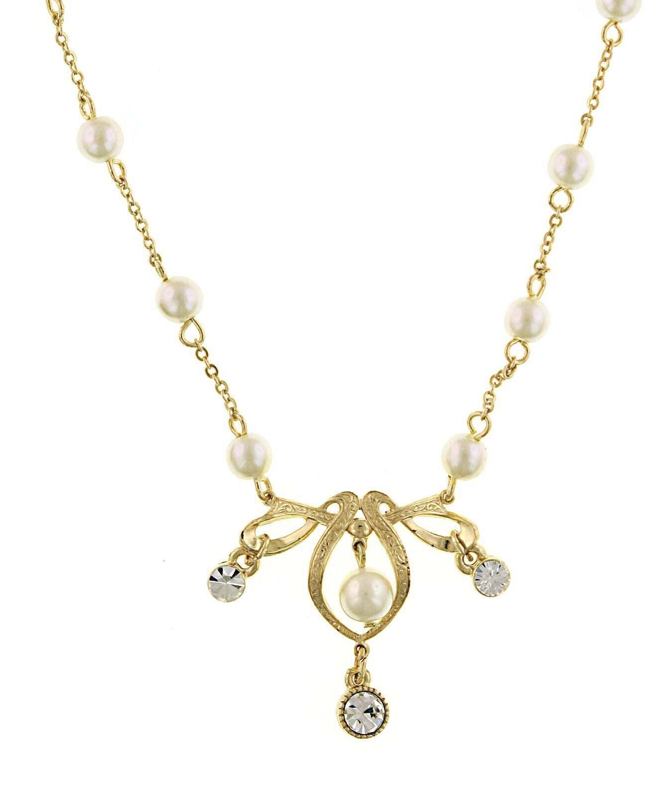 1928 Jewelry 7mm Faux Pearl And Crystal Pendant Necklace 16" + 3" Extender