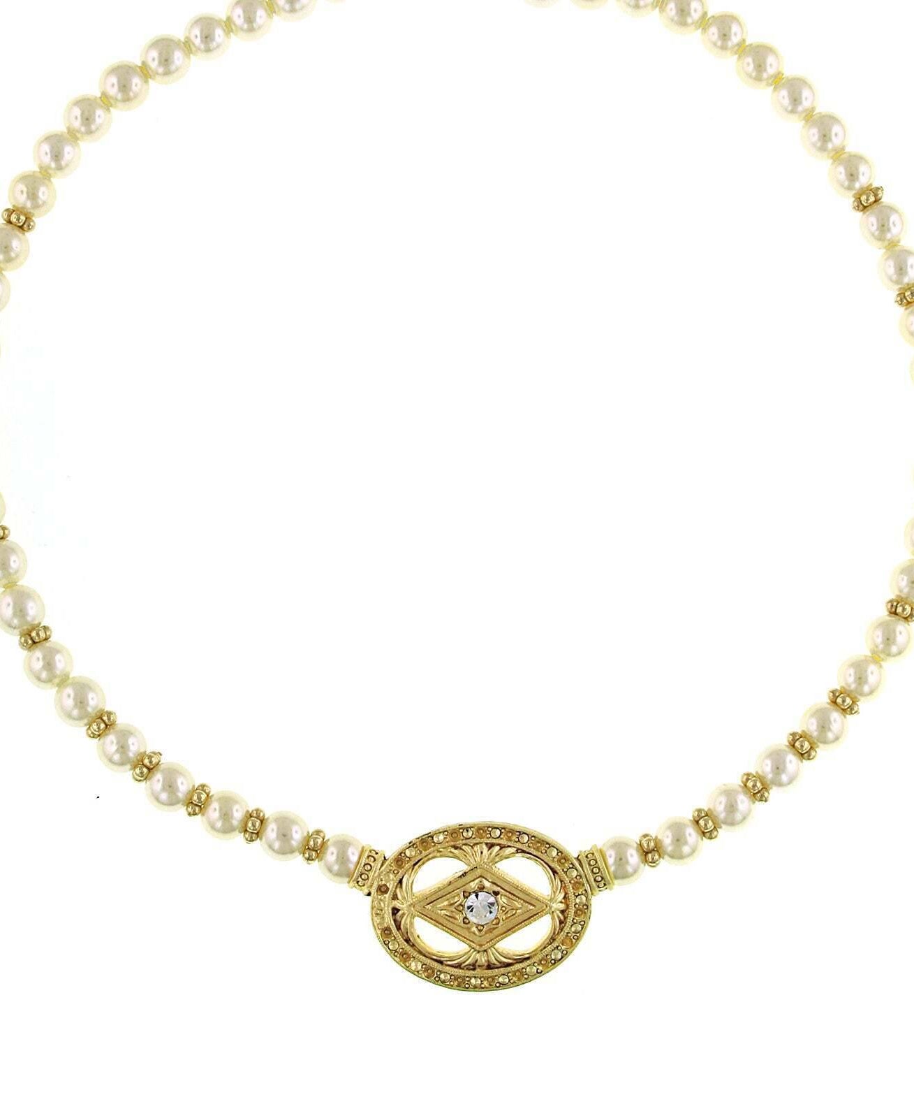 1928 Jewelry 7mm Faux Pearl And Crystal Pendant Necklace 16" + 3" Extender