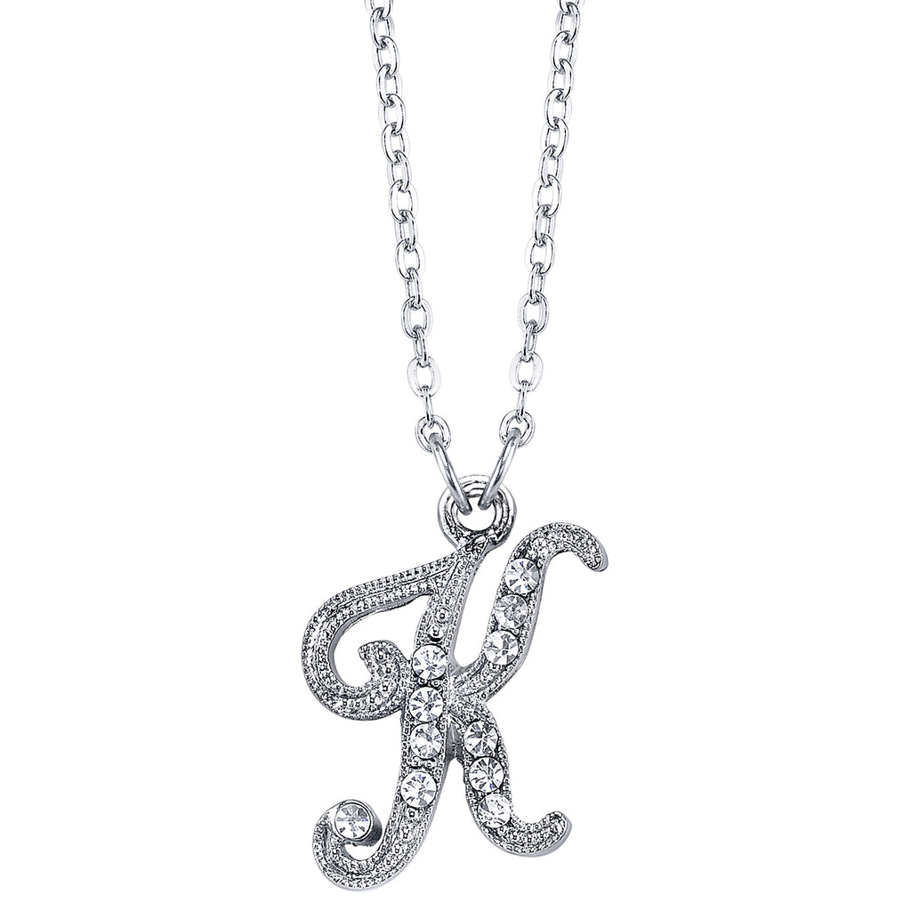 Silver Tone Crystal Initial Necklaces 16 Adj K