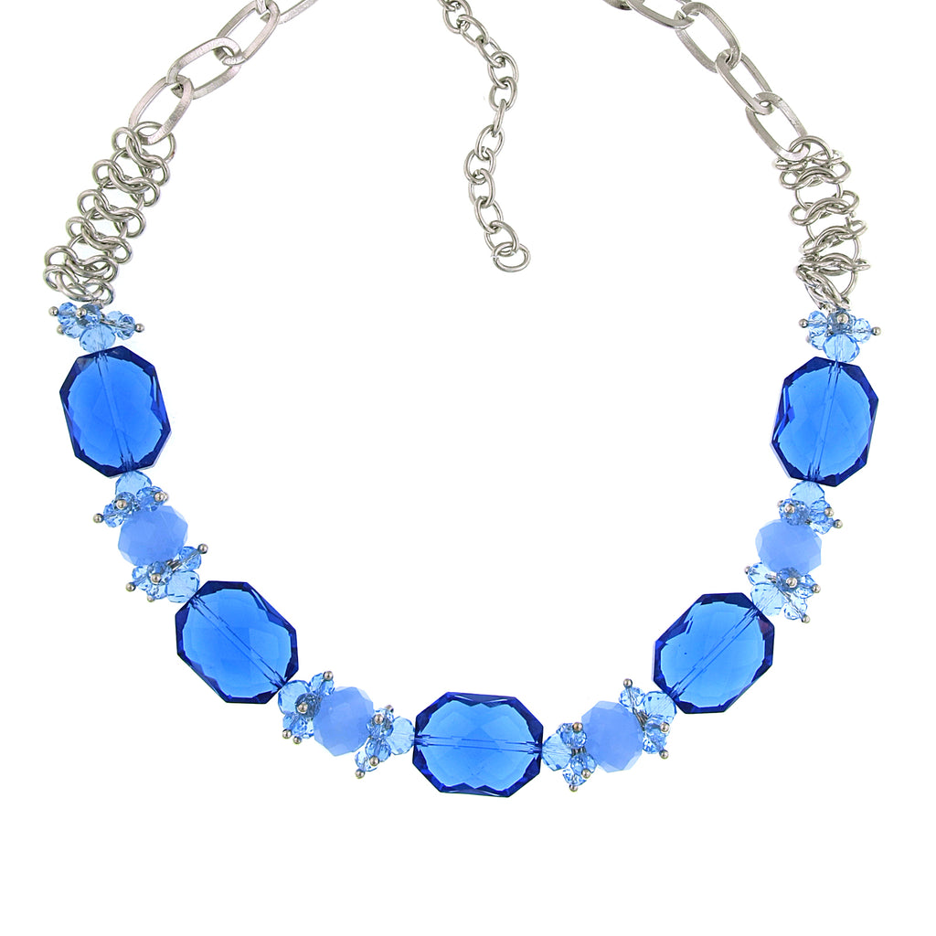 Silver Tone Bright Blue Beaded Necklace 16   19 Inch Adjustable