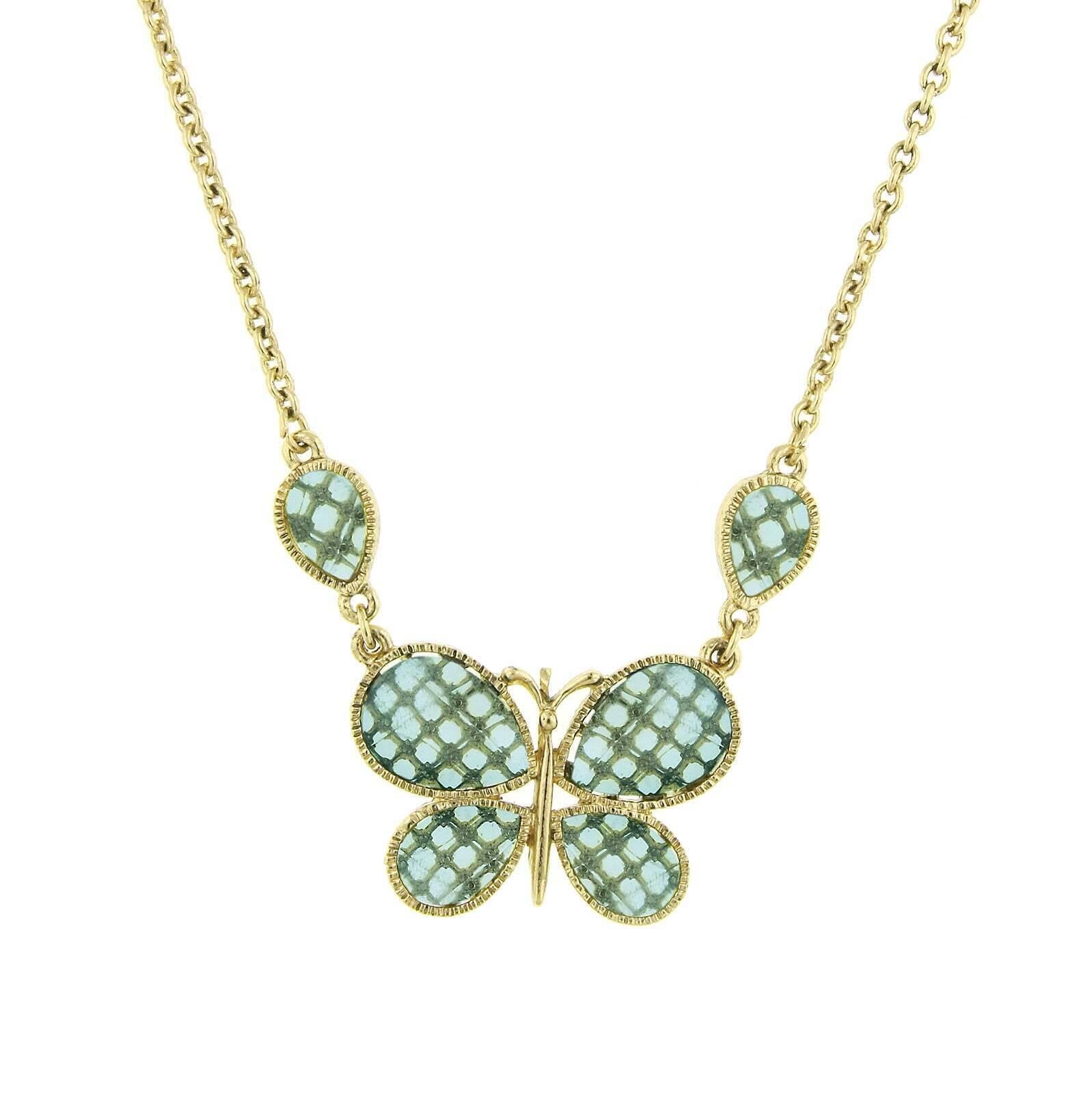 1928 Jewelry Light Aqua Blue Faceted Butterfly Pendant Necklace 16" + 3" Extender
