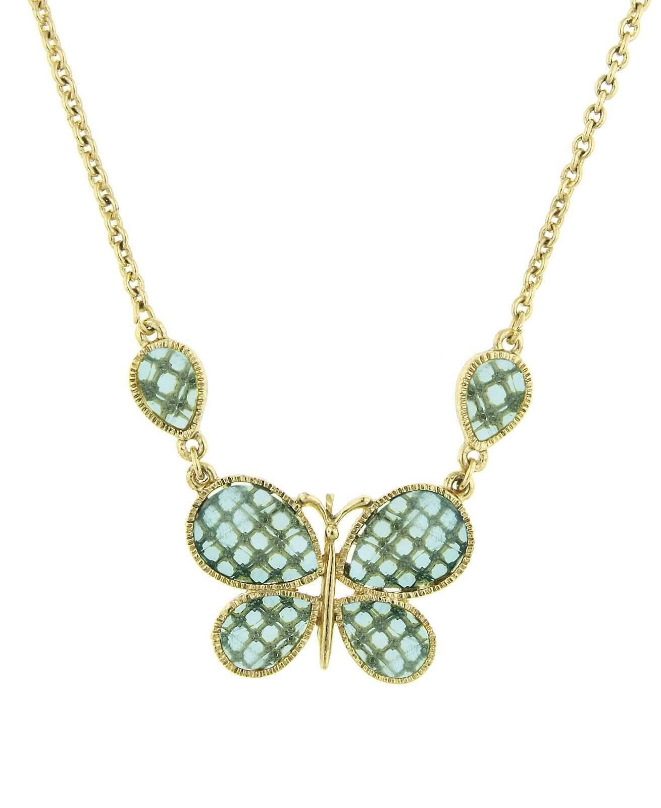 1928 Jewelry Light Aqua Blue Faceted Butterfly Pendant Necklace 16" + 3" Extender