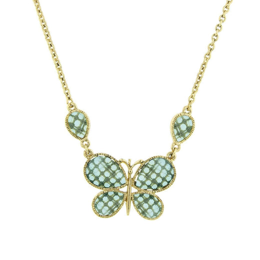 1928 Jewelry Light Aqua Blue Faceted Butterfly Pendant Necklace 16" + 3" Extender