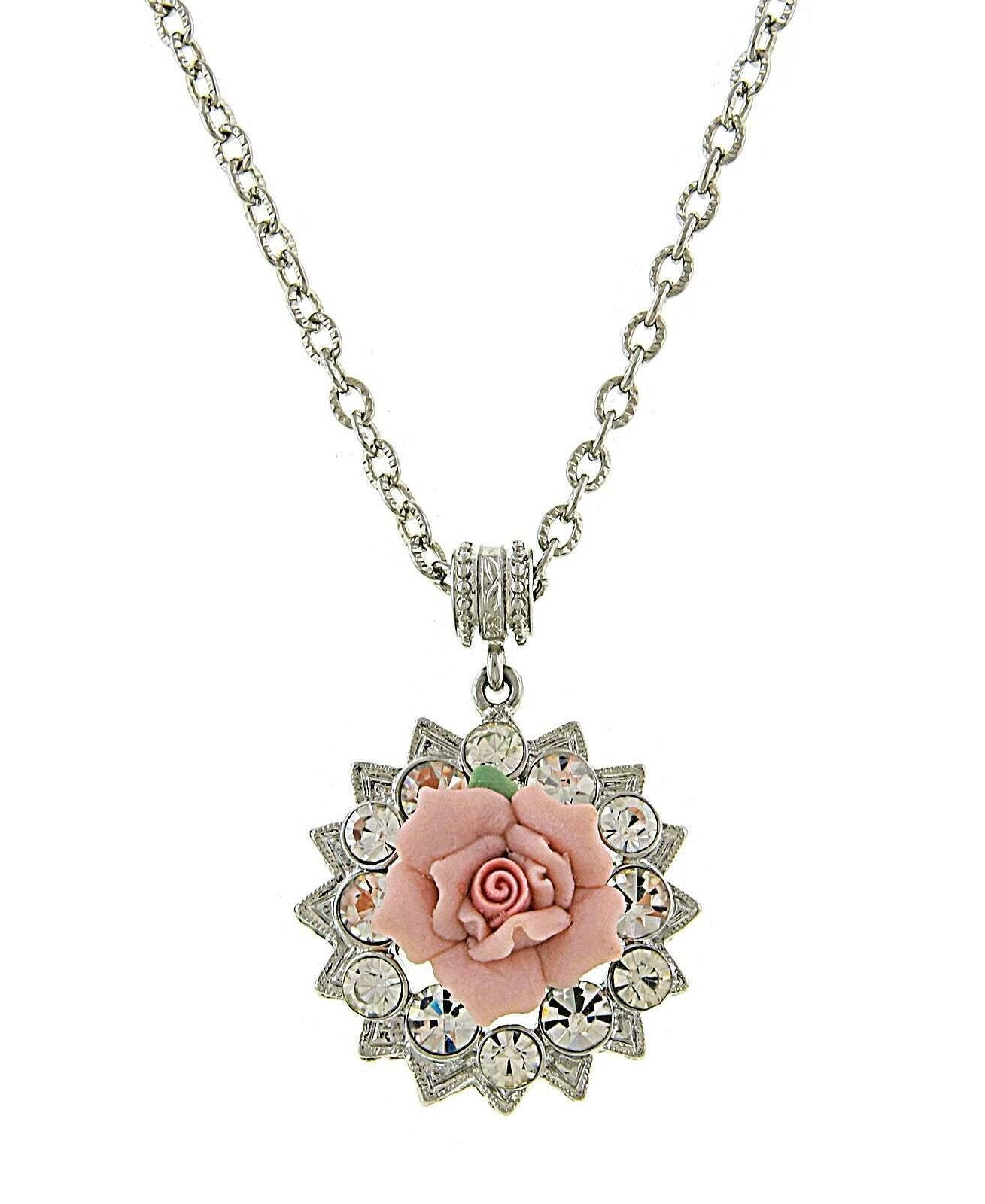1928 Jewelry Pink Porcelain Rose Crystal Accent Pendant Necklace 16" + 3" Extender