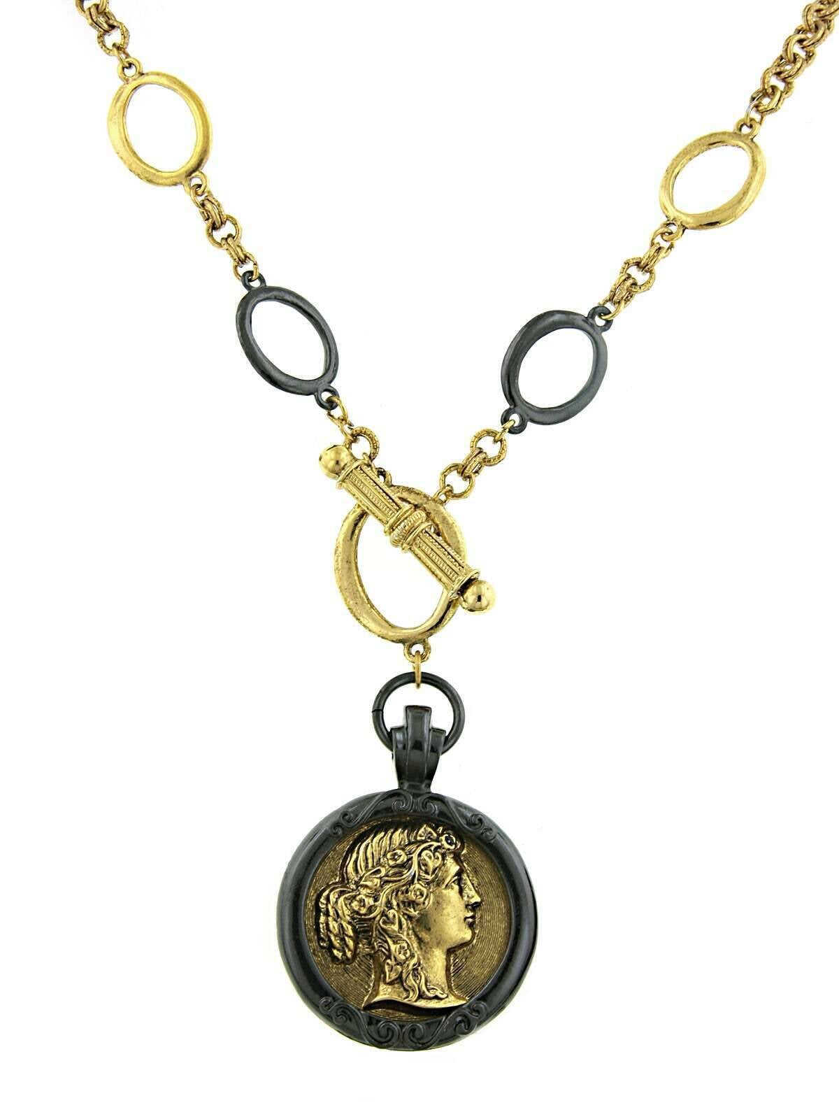 Antiquities Couture Black And Gold Grecian Cameo Pendant Necklace 18"