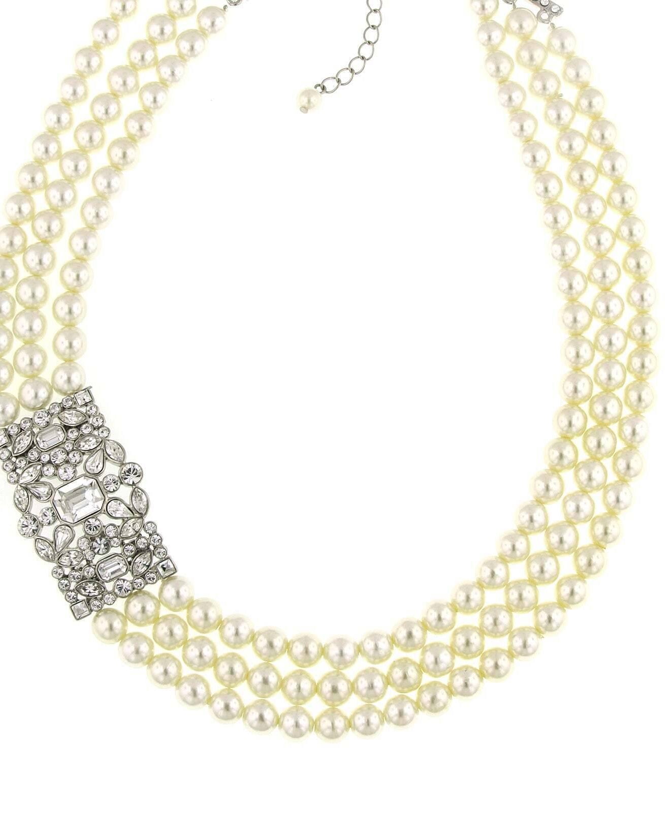 Antiquities Couture Crystal Three Row 8mm Faux Pearl Strand Necklace 16" + 3" Extender