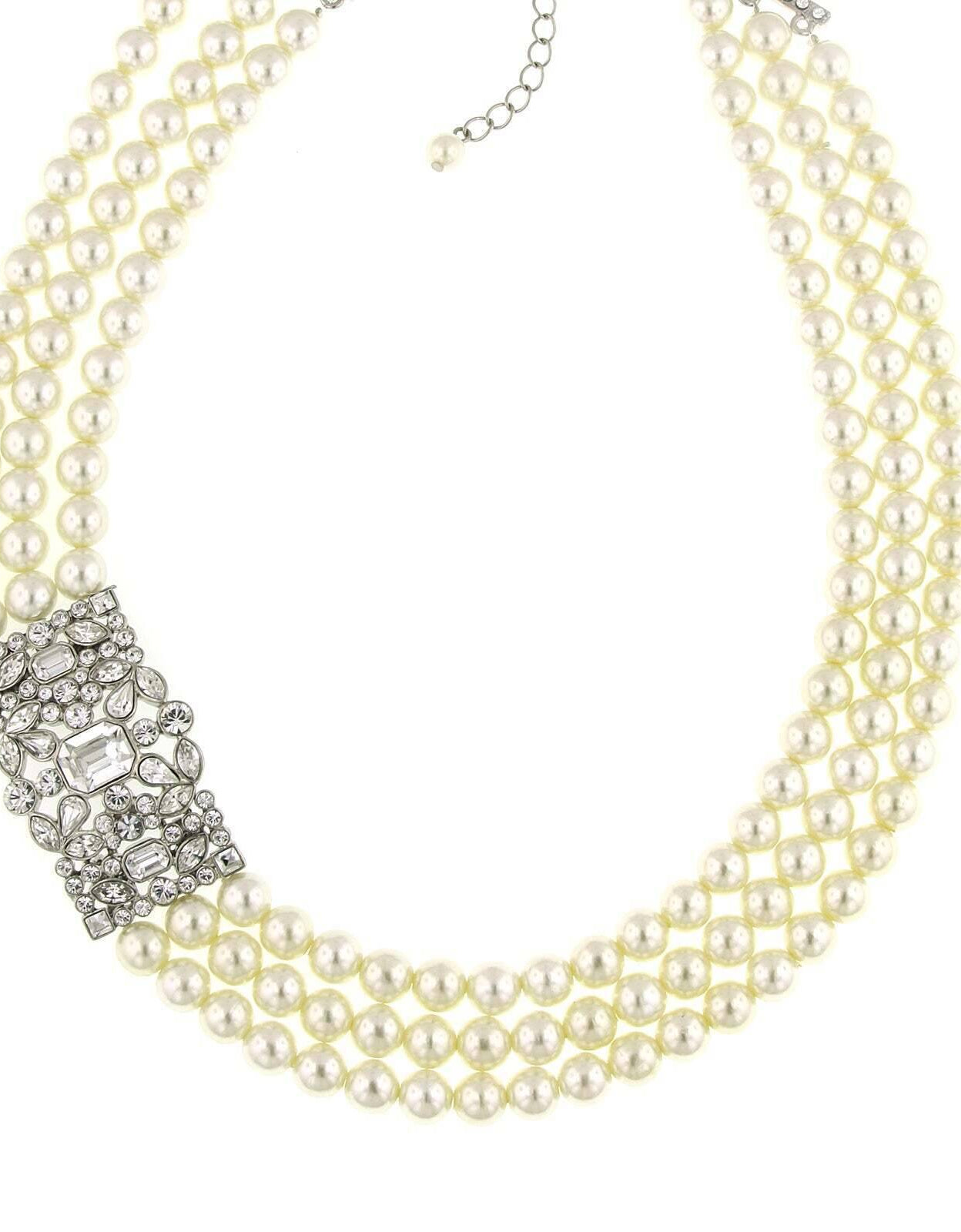 Antiquities Couture Crystal Three Row 8mm Faux Pearl Strand Necklace 16" + 3" Extender