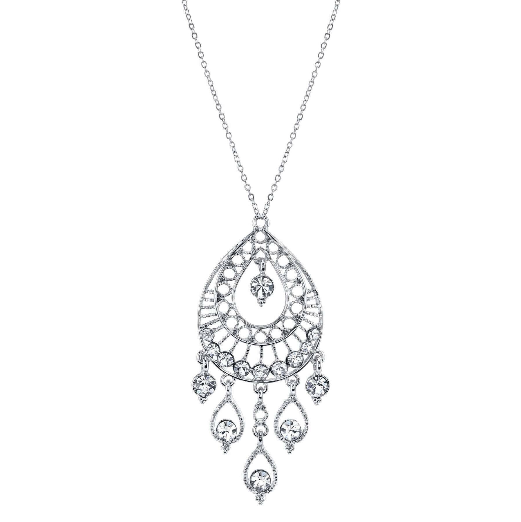 1928 Jewelry Crystal Filigree Multiple Teardrop Pendant Necklace 16" + 3" Extender