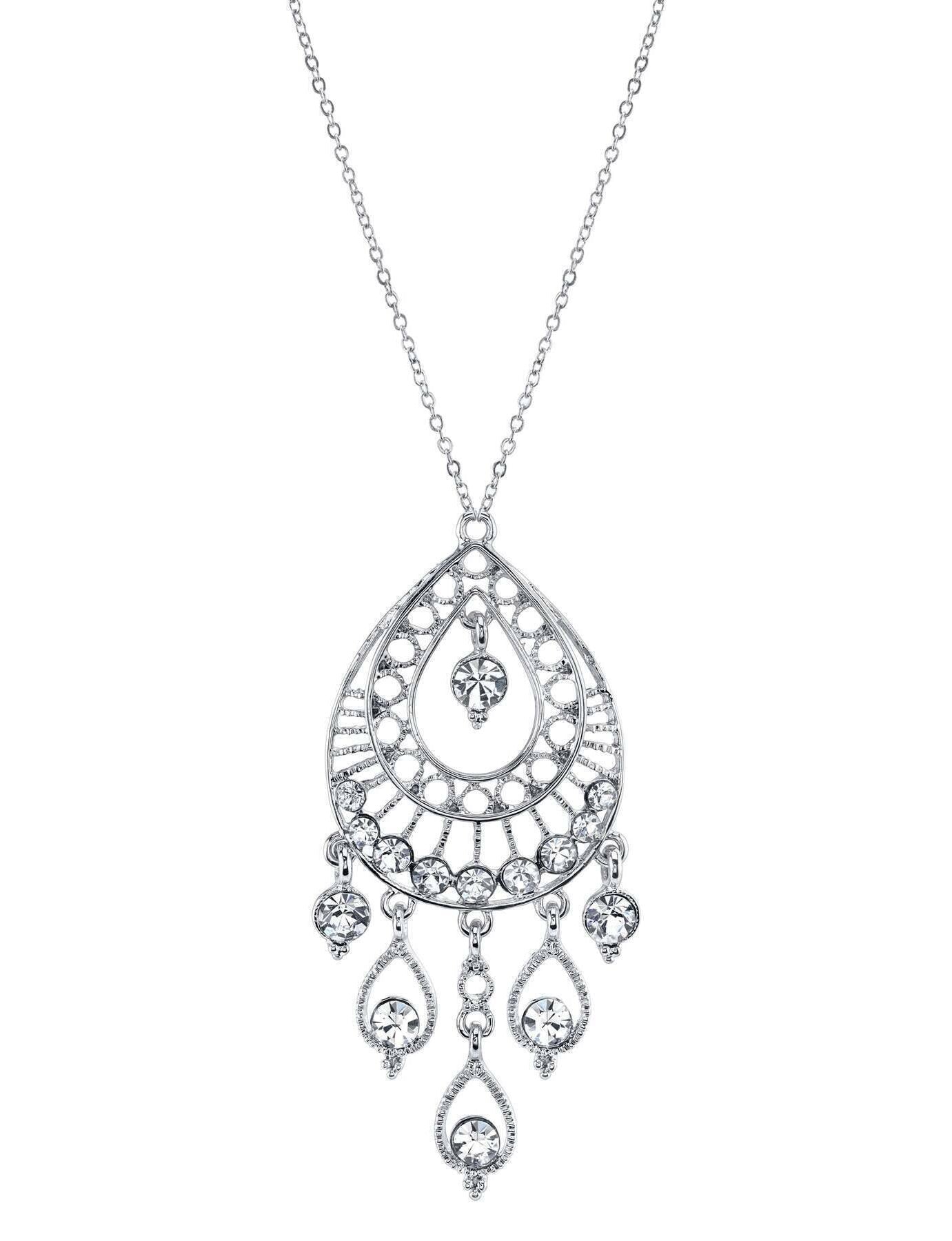 1928 Jewelry Crystal Filigree Multiple Teardrop Pendant Necklace 16" + 3" Extender