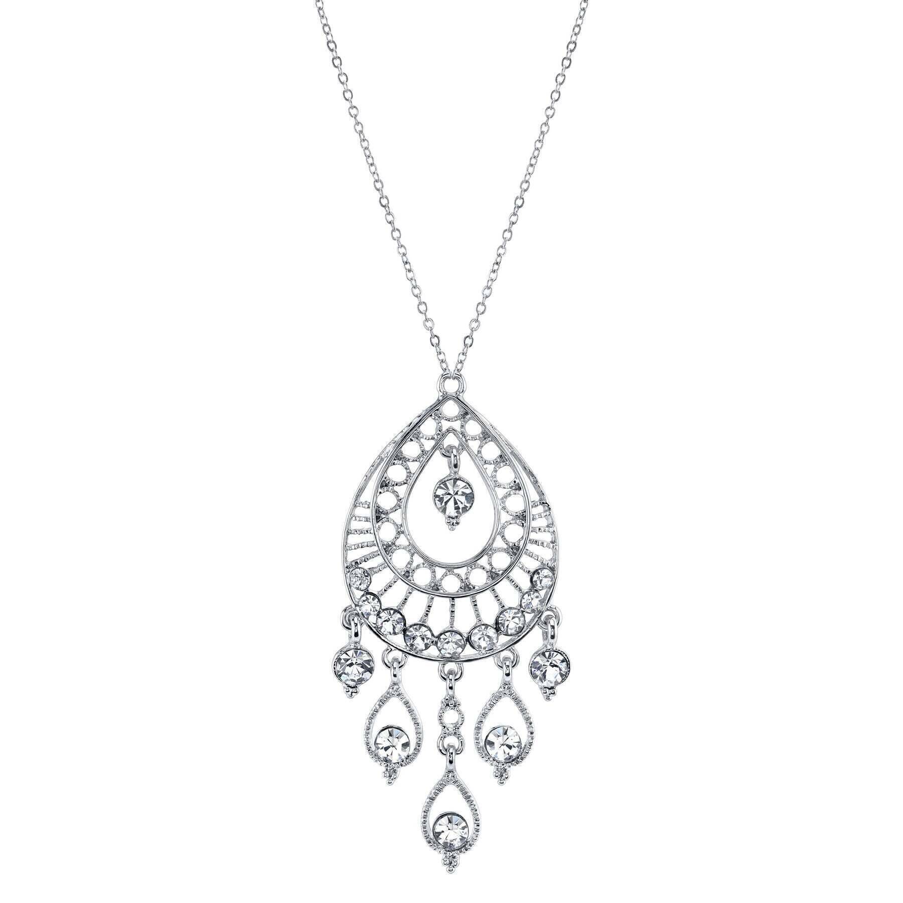 1928 Jewelry Crystal Filigree Multiple Teardrop Pendant Necklace 16" + 3" Extender