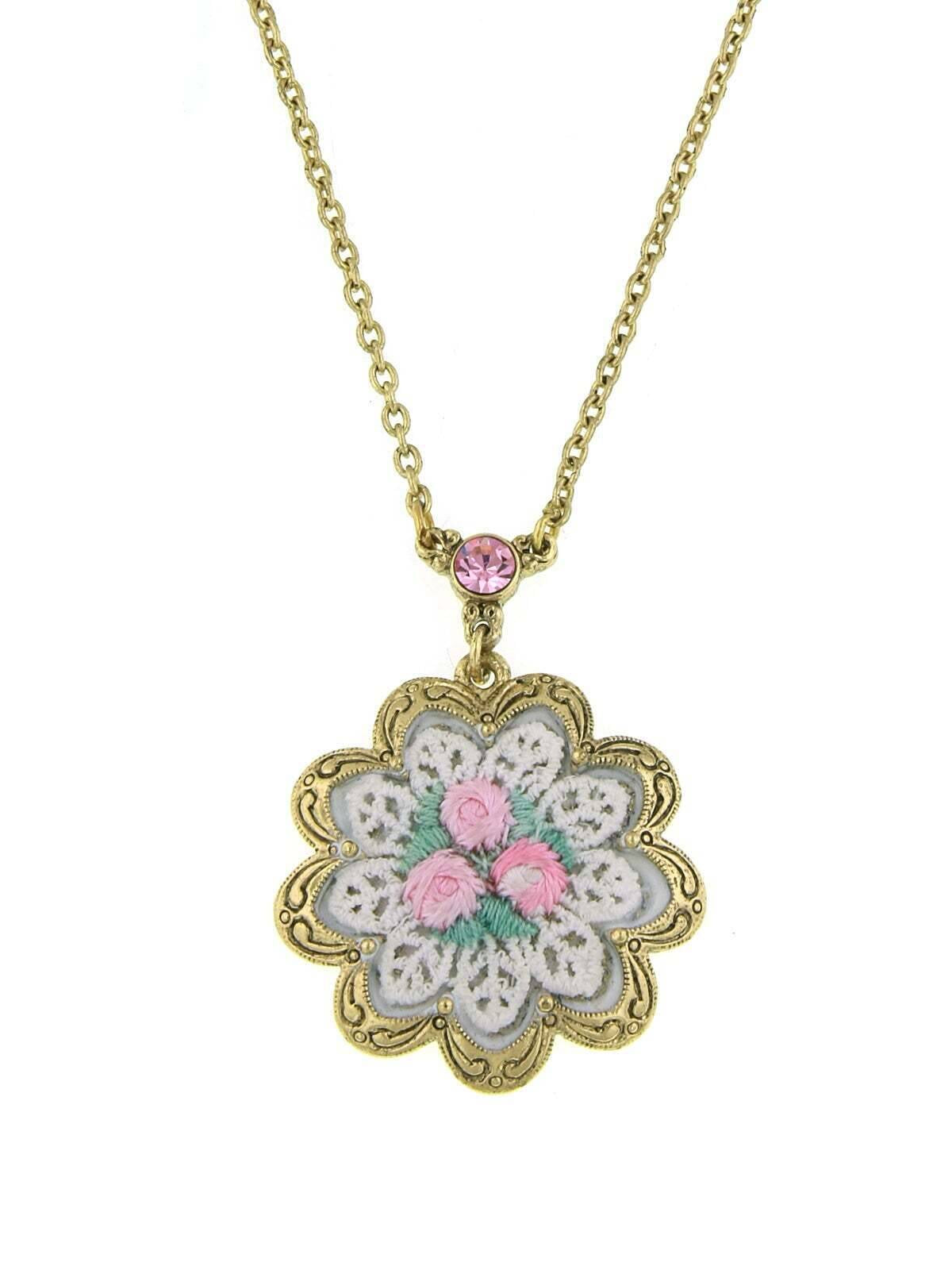 1928 Jewelry Knit Doily Pink Rose Flower Crystal Accent Pendant Necklace, 16 + 3" Extender