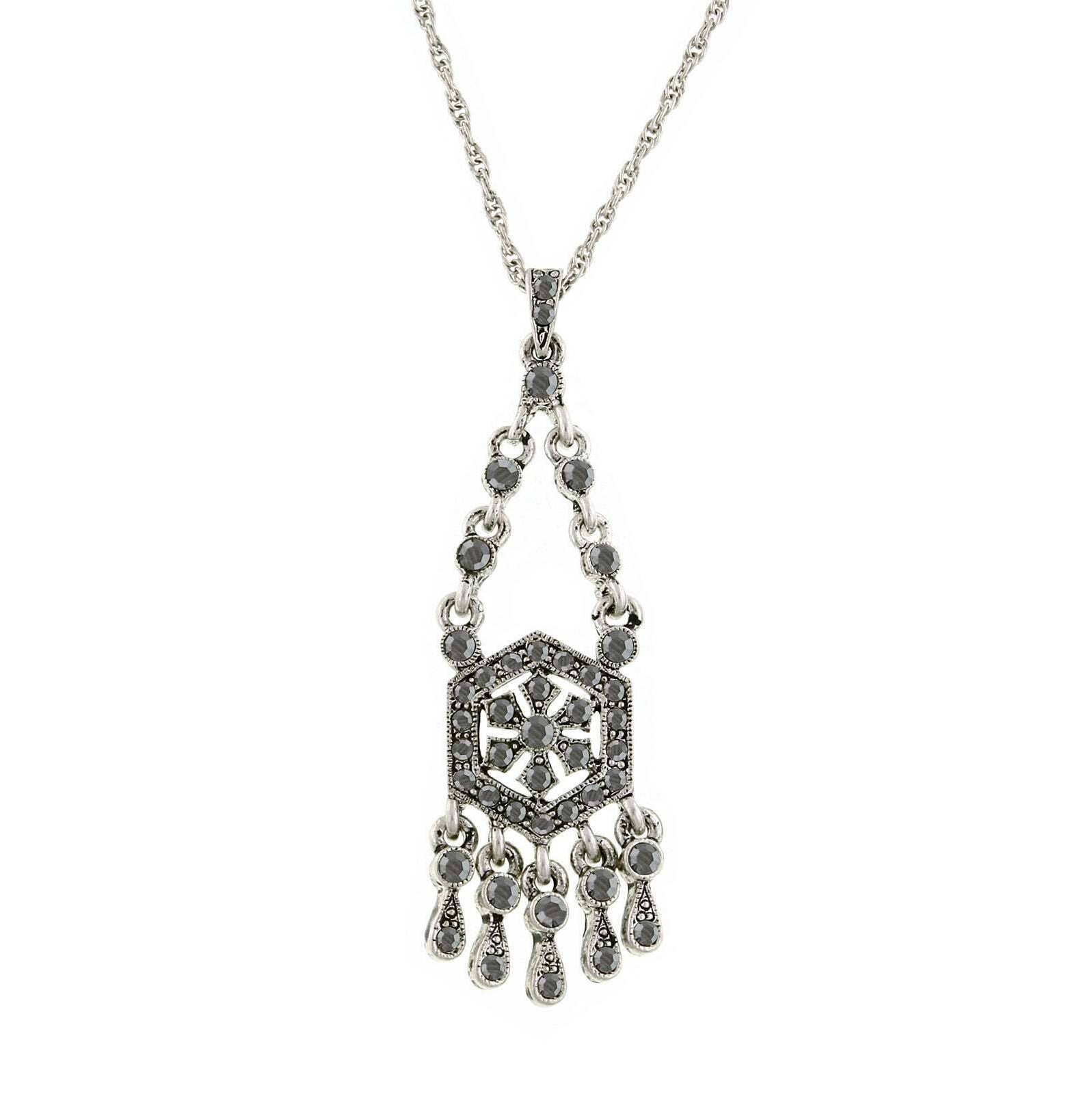 2028 Jewelry Hematite Color Stone Drop Pendant Necklace 16" + 3" Extender