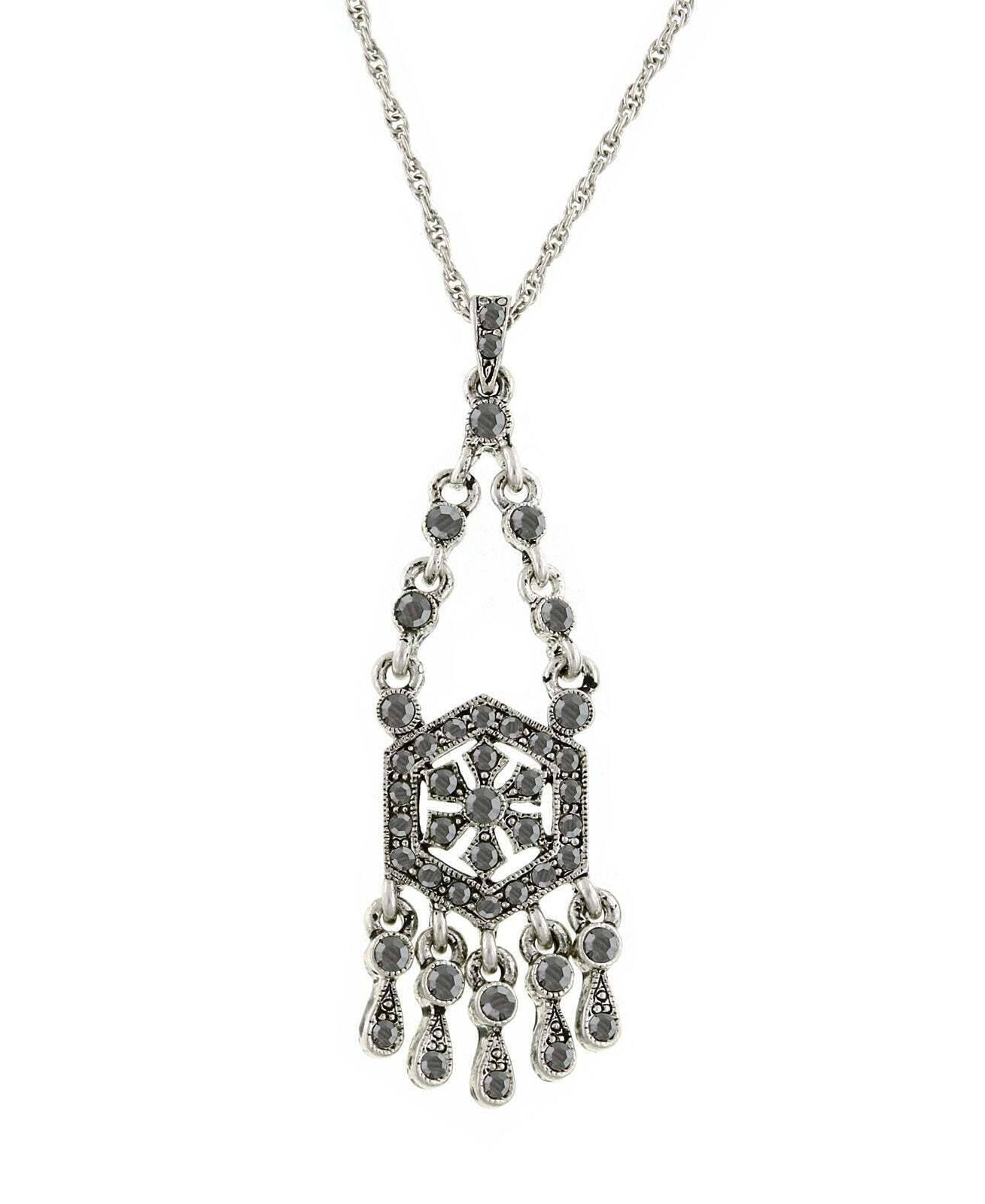 2028 Jewelry Hematite Color Stone Drop Pendant Necklace 16" + 3" Extender