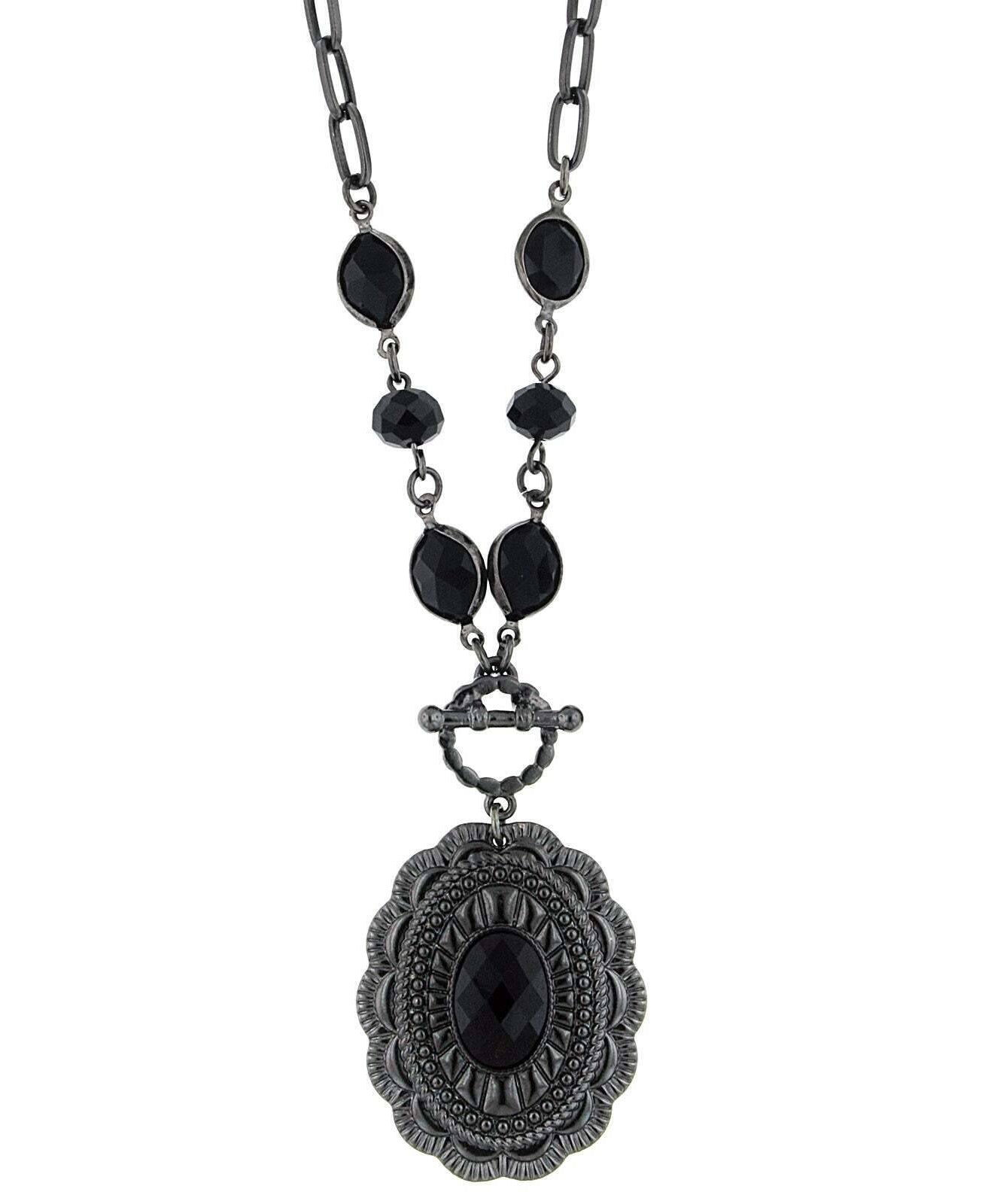 1928 Jewelry Jet Black Stone Pendant & Chain Necklace 18" + 3" Extender