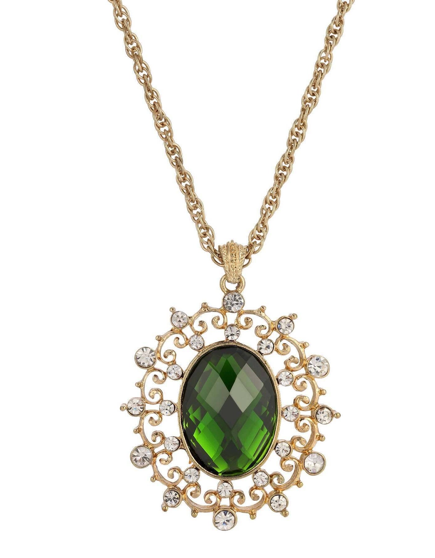 1928 Jewelry Green Stone And Crystal Large Oval Pendant Necklace 16" + 3" Extender