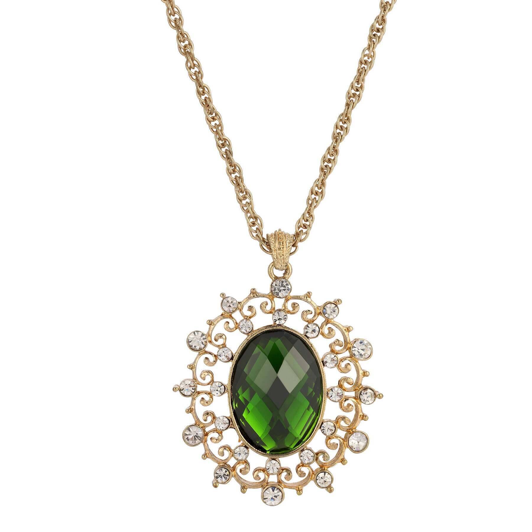 1928 Jewelry Green Stone And Crystal Large Oval Pendant Necklace 16" + 3" Extender