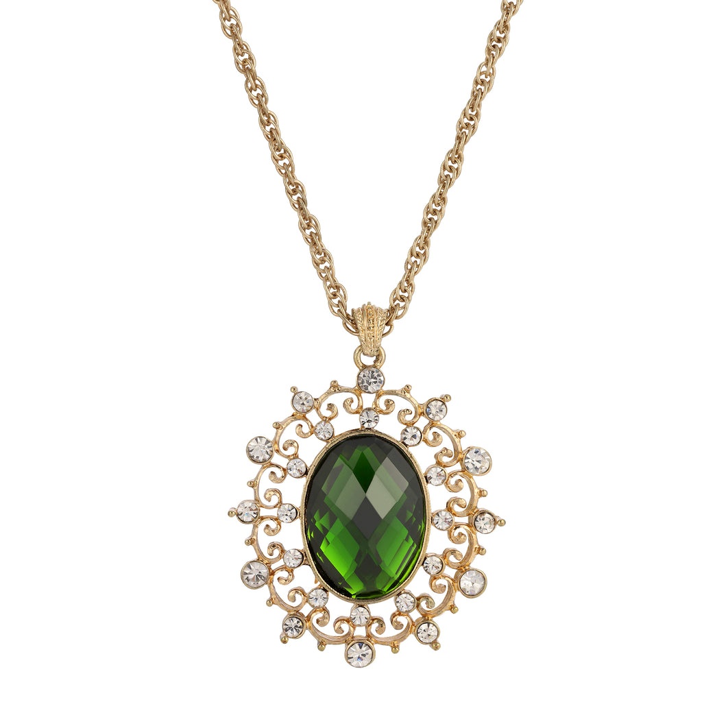 Green Stone And Crystal Large Oval Pendant Necklace 16" + 3" Extender