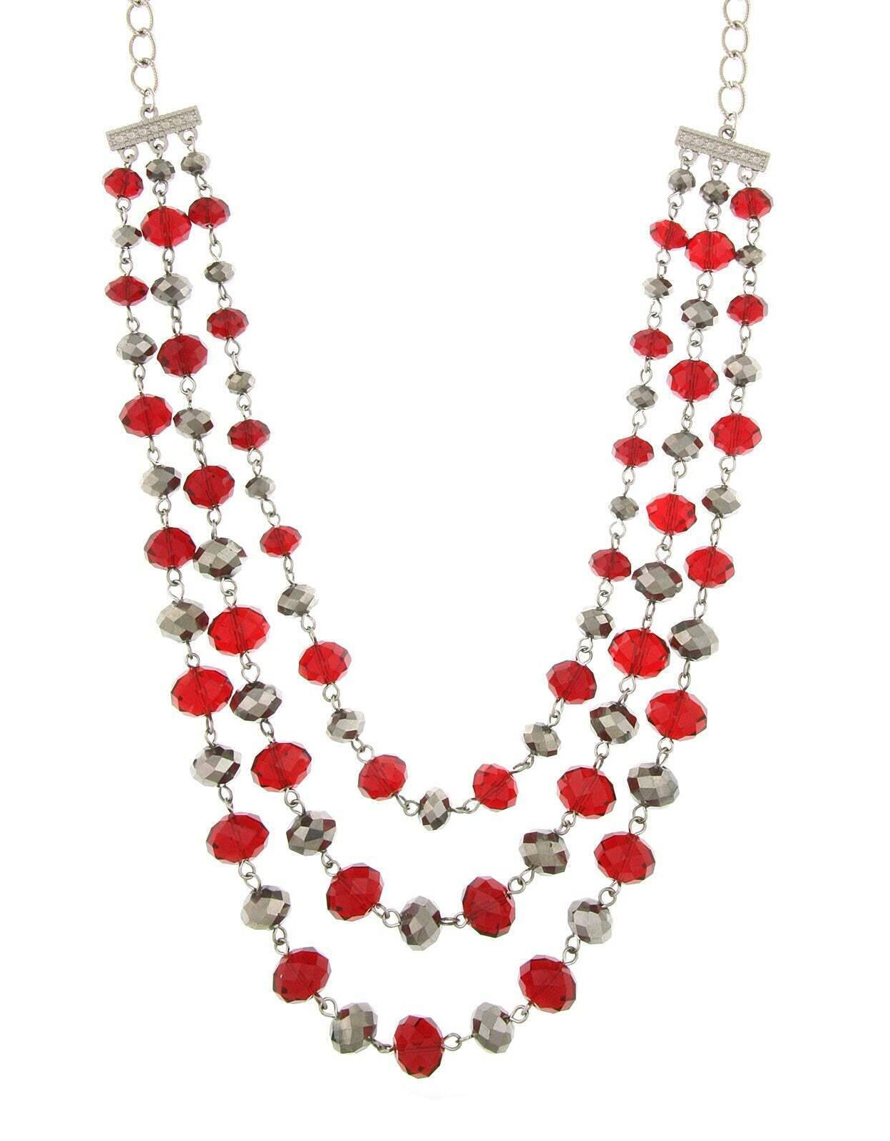 2028 Jewelry Siam Red And Hematite Color Beaded 3-Strand Necklace 18"