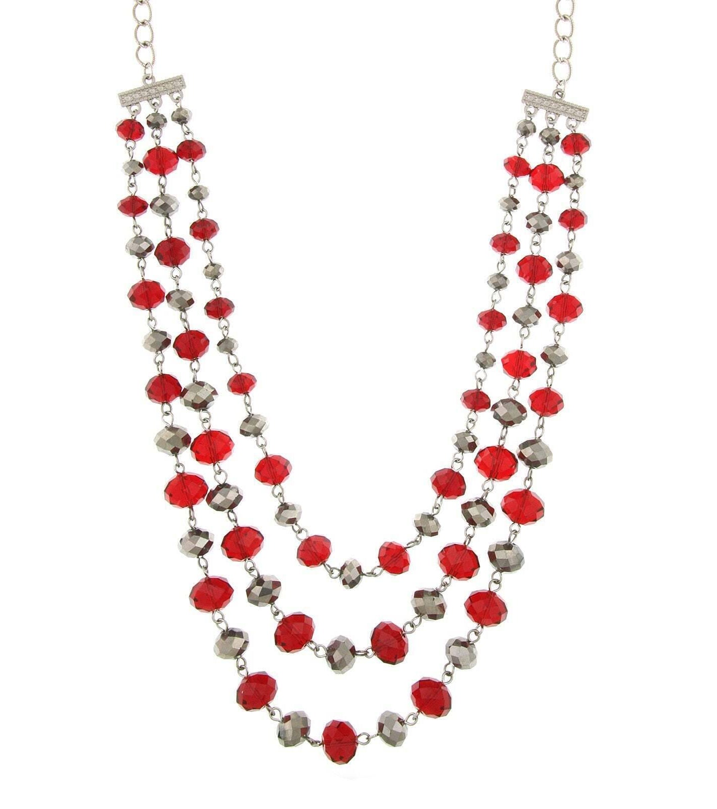 2028 Jewelry Siam Red And Hematite Color Beaded 3-Strand Necklace 18"