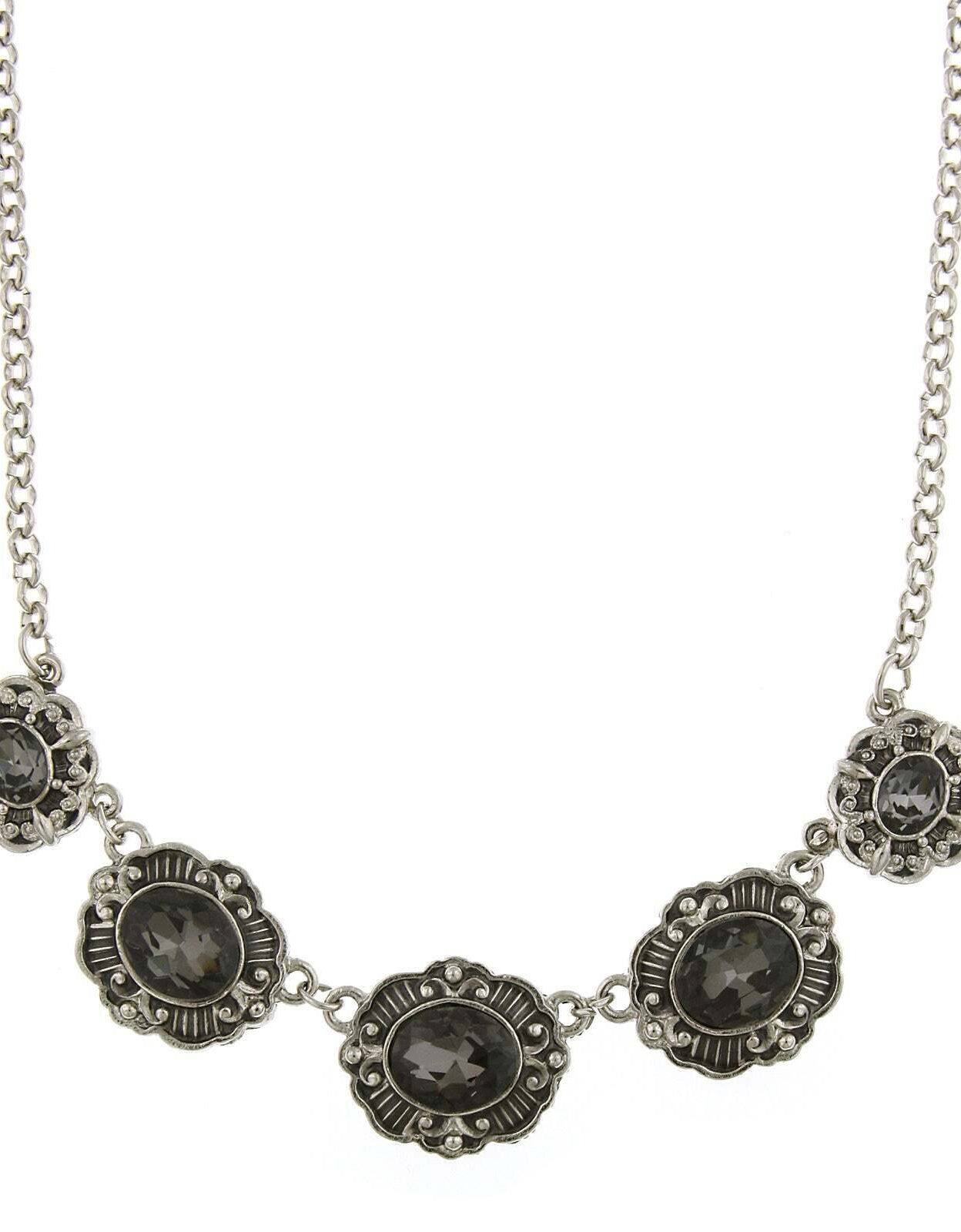 1928 Jewelry Black Diamond Crystal Oval Station Pendant Necklace 16" + 3" Extender