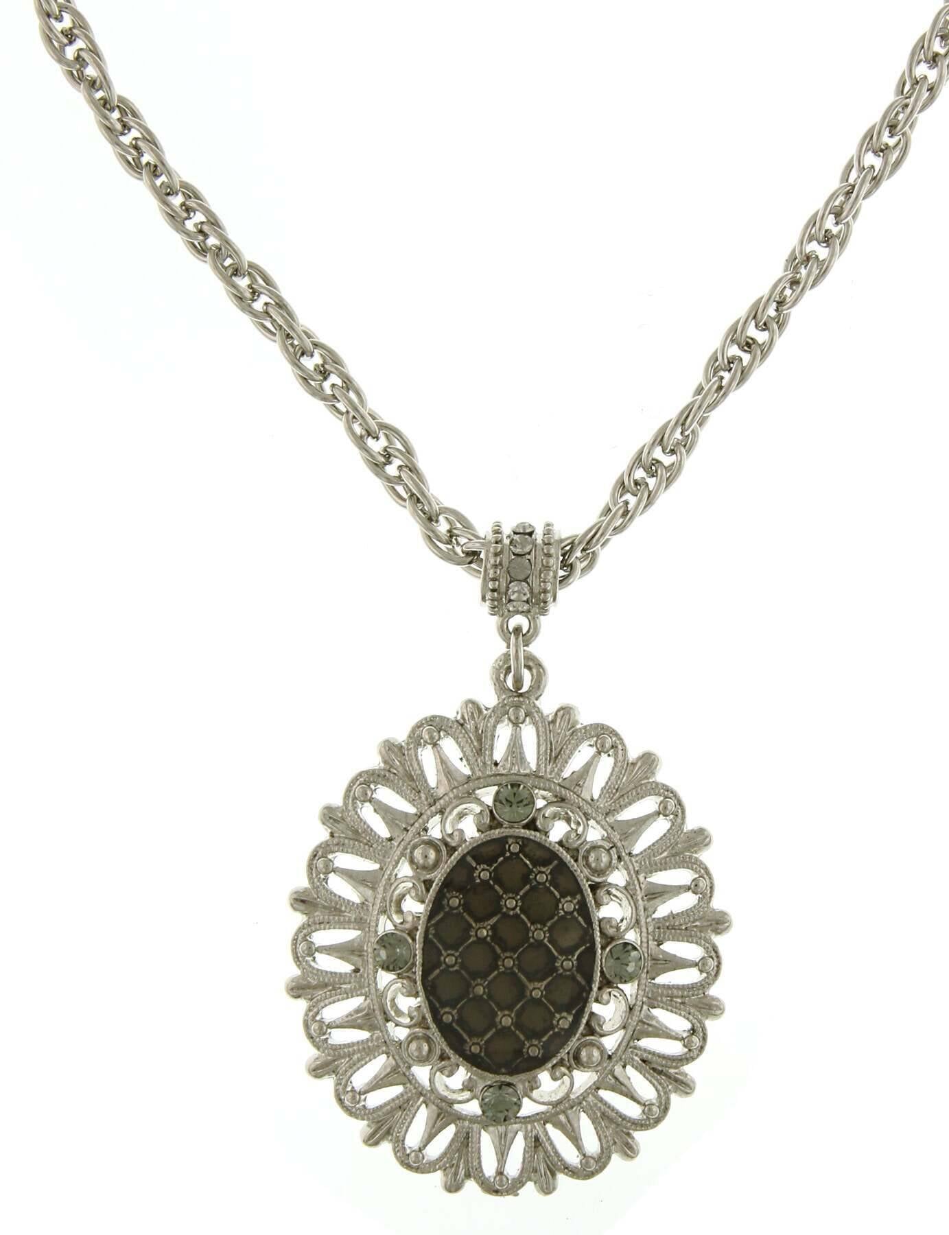 1928 Jewelry Round Black Diamond Crystal Oval Pendant Necklace 18"