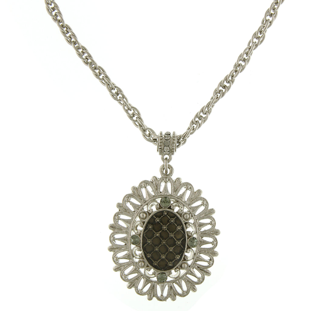 Silver Tone Black Diamond Oval Pendant Necklace 18"