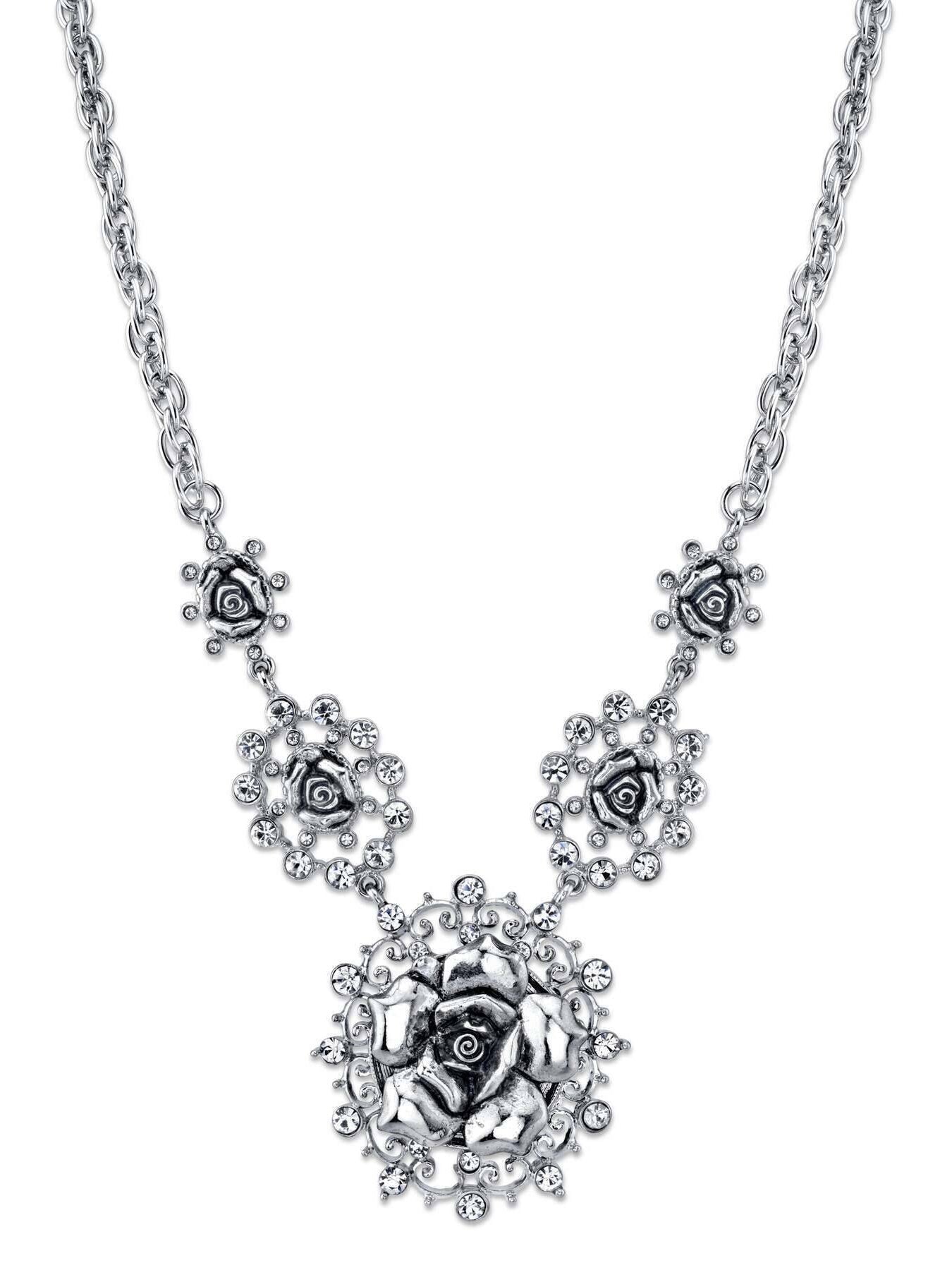 1928 Jewelry Crystal Multi Flower Drop Necklace 16" + 3" Extender