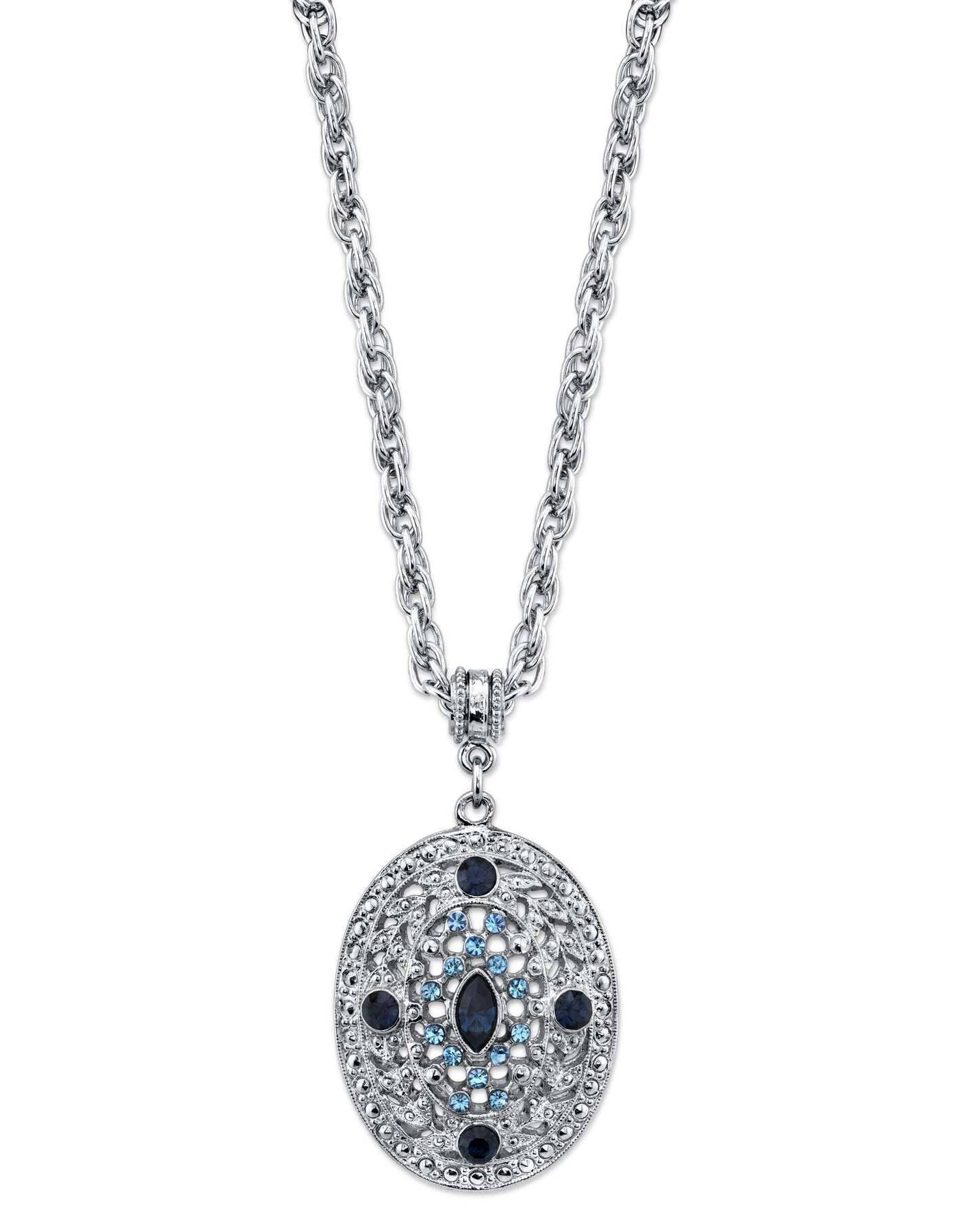 1928 Jewelry Dark and Light Blue Crystal Filigree Oval Pendant Necklace 16" + 3" Extender