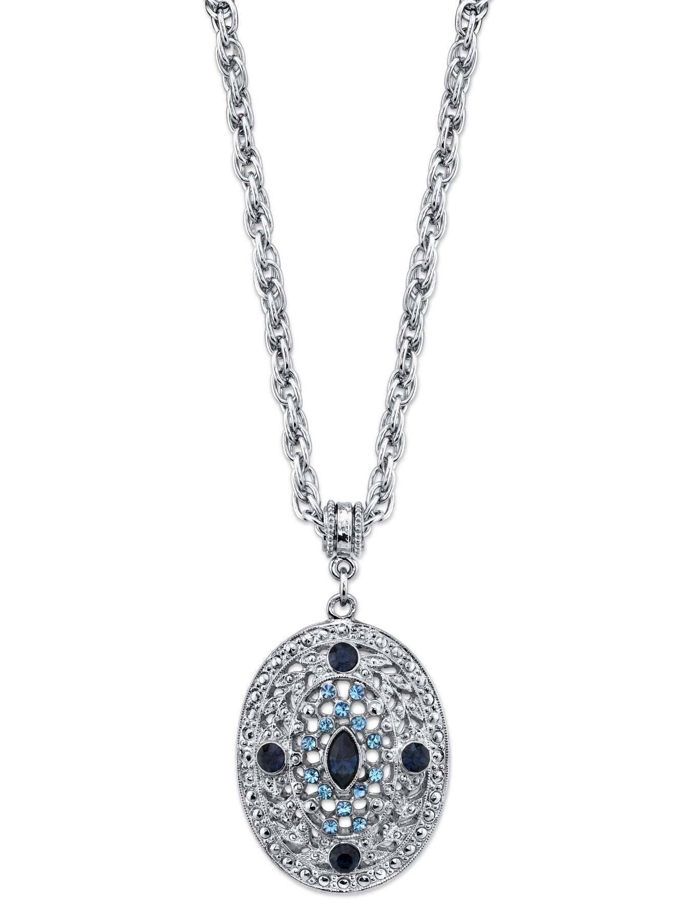 1928 Jewelry Dark and Light Blue Crystal Filigree Oval Pendant Necklace 16" + 3" Extender