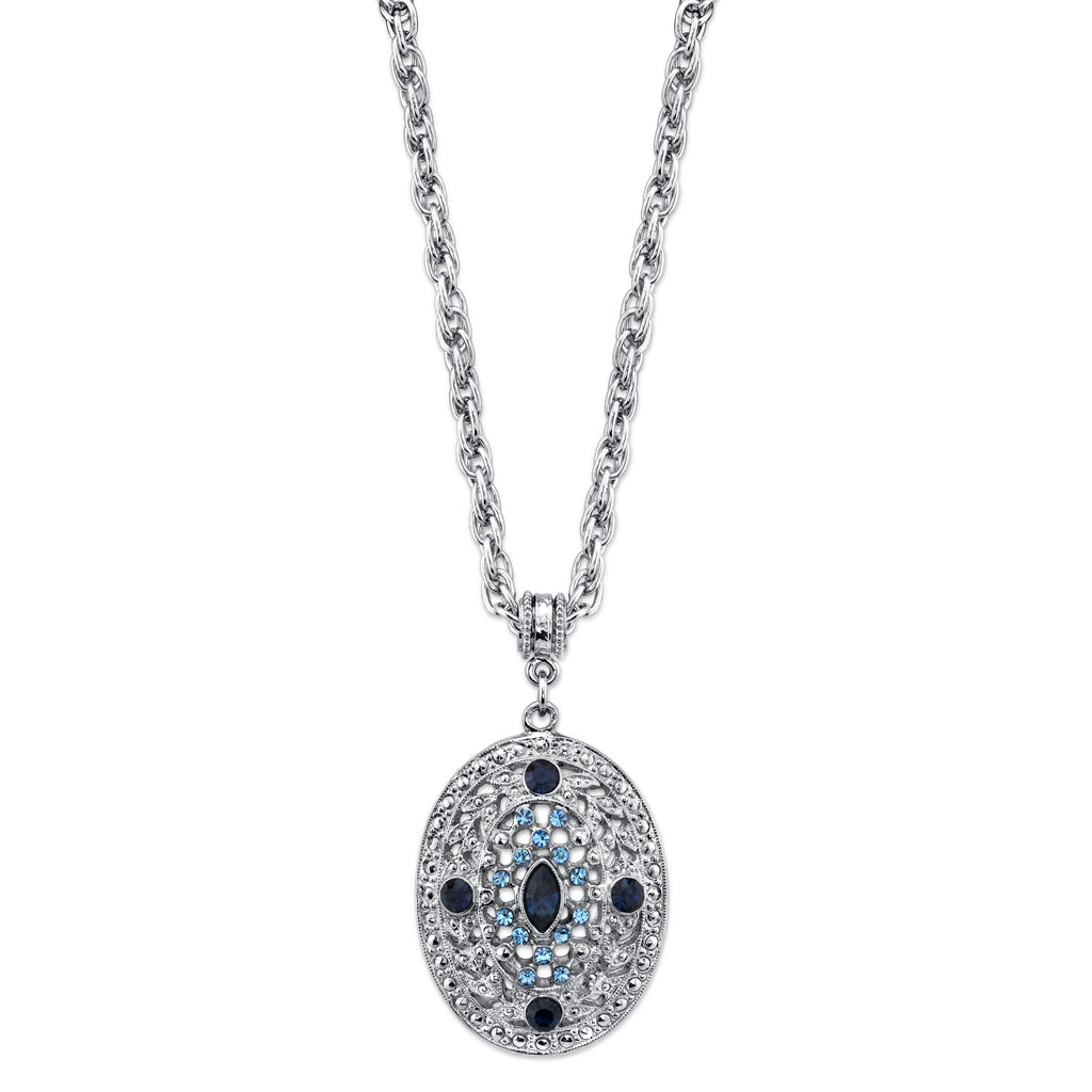 Silver Tone Dark and Light Blue Crystal Filigree Oval Pendant Necklace 16    19 Inch Adjustable