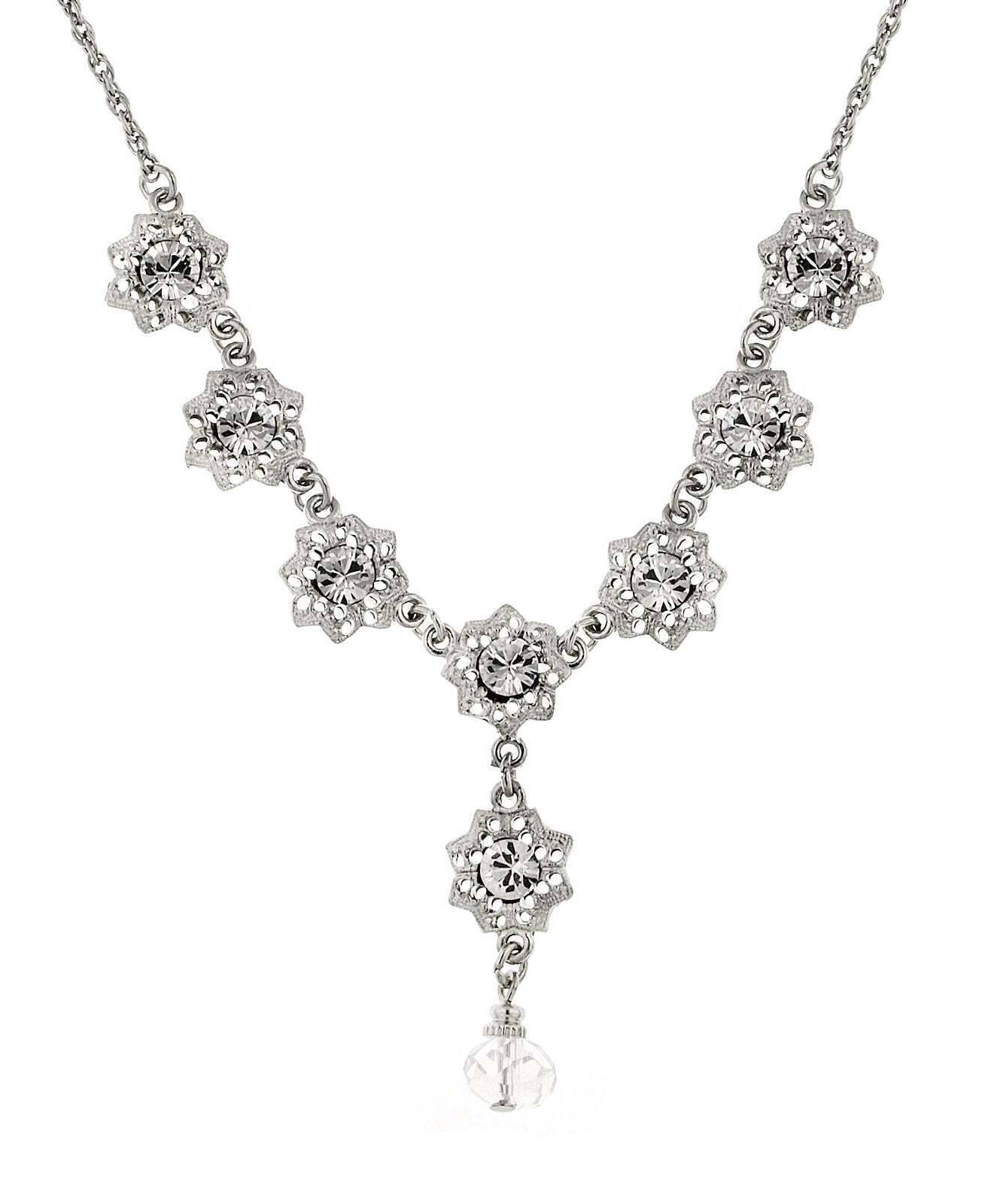 1928 Jewelry Crystal Flower Drop Necklace 16" + 3" Extender