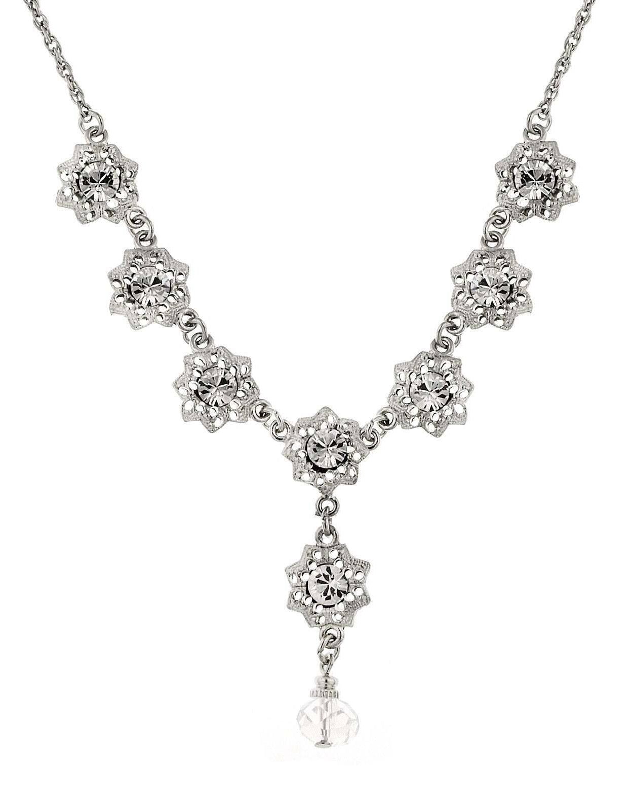 1928 Jewelry Crystal Flower Drop Necklace 16" + 3" Extender