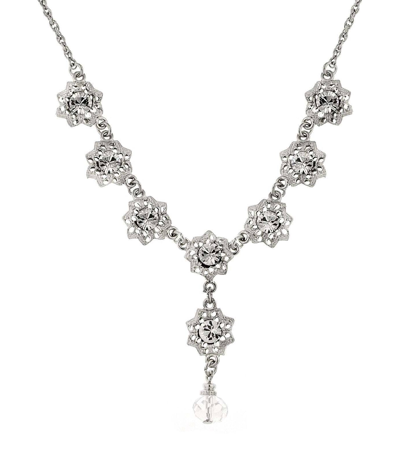 1928 Jewelry Crystal Flower Drop Necklace 16" + 3" Extender