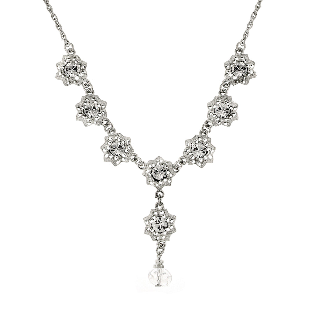 Silver Tone Crystal Flower Drop Necklace 16   19 Inch Adjustable