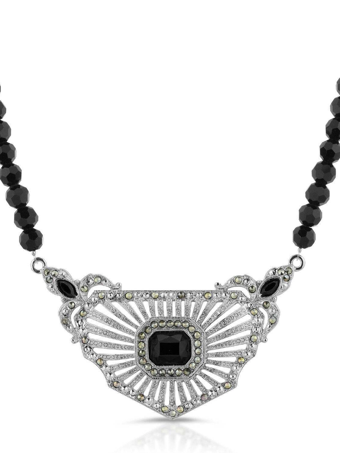Antiquities Couture Marcasite & Black Stone Collar Beaded Necklace 16" + 3" Extender