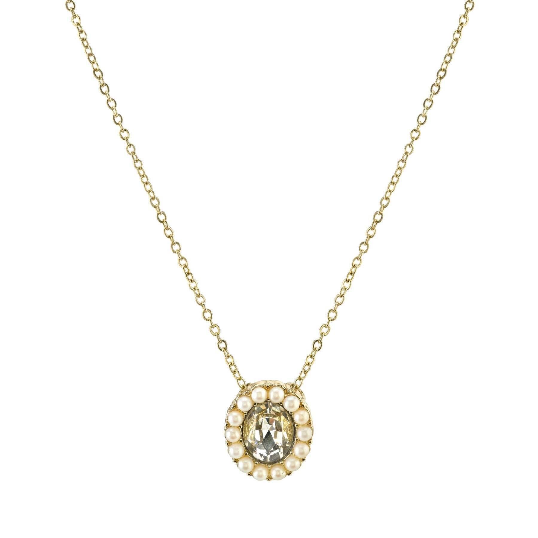 1928 Jewelry Crystal And Faux Pearl Accent Oval Pendant Necklace 16" + 3" Extender