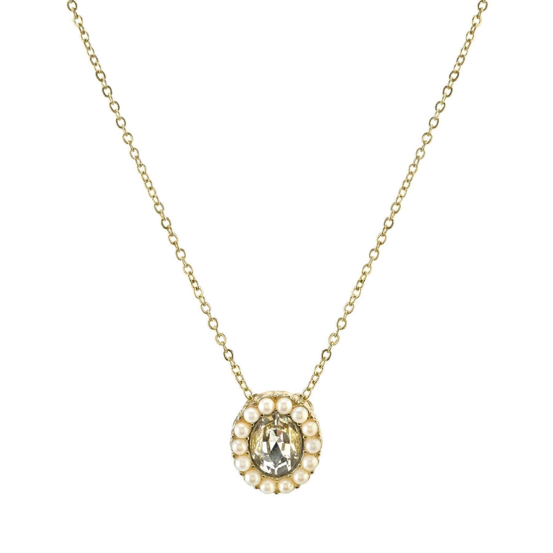 1928 Jewelry Crystal And Faux Pearl Accent Oval Pendant Necklace 16" + 3" Extender