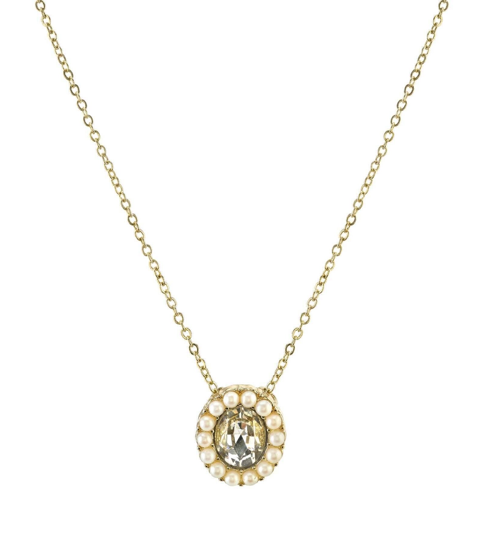 1928 Jewelry Crystal And Faux Pearl Accent Oval Pendant Necklace 16" + 3" Extender
