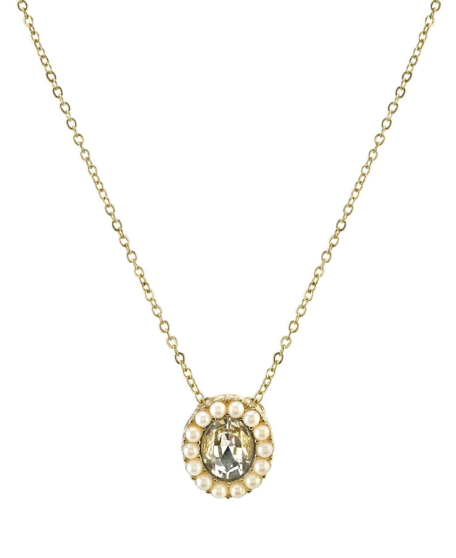 1928 Jewelry Crystal And Faux Pearl Accent Oval Pendant Necklace 16" + 3" Extender